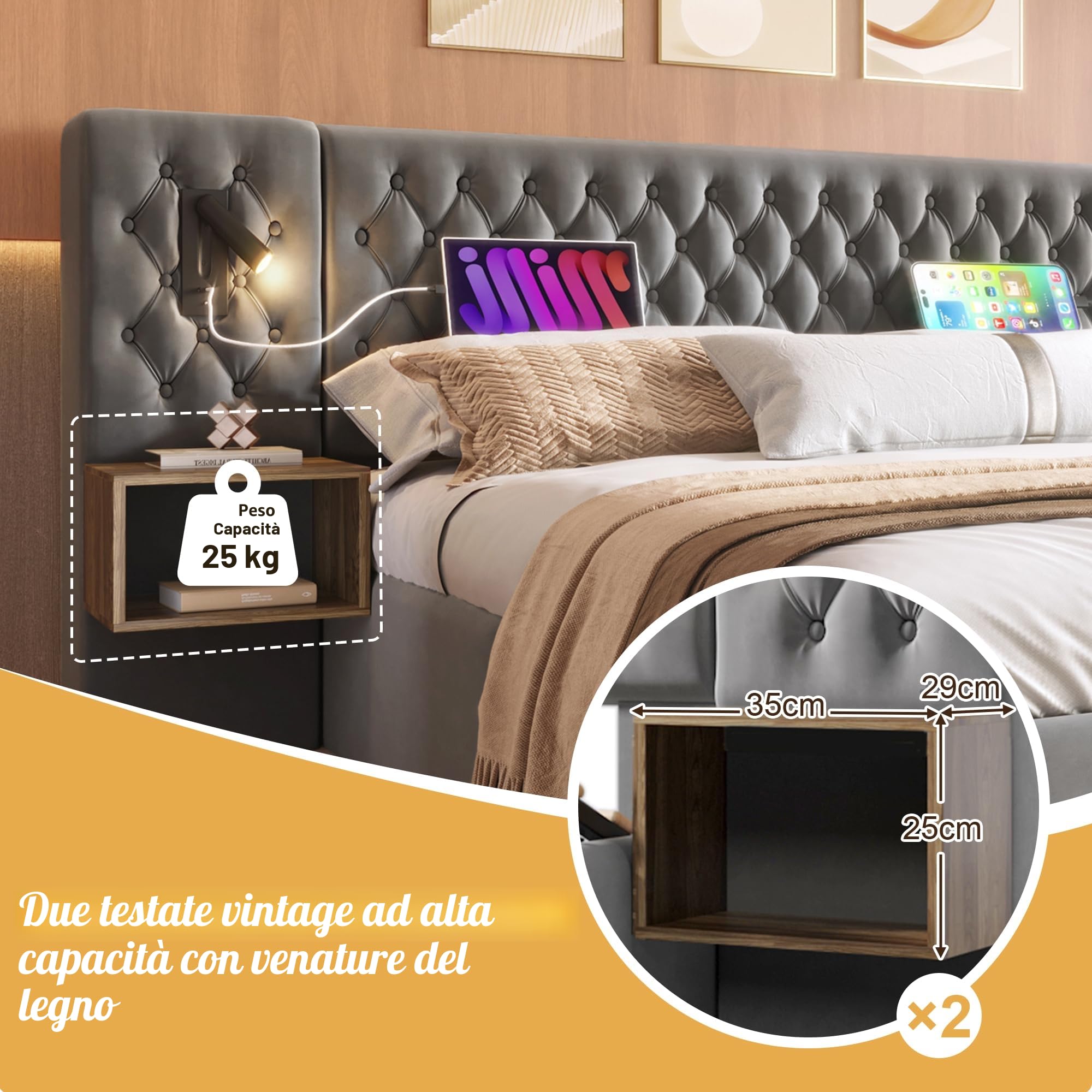 Set Completo per Letto Matrimoniale - Letto Imbottito 180 x 200 cm, Comodini e Cassetti, Lampada da Lettura USB