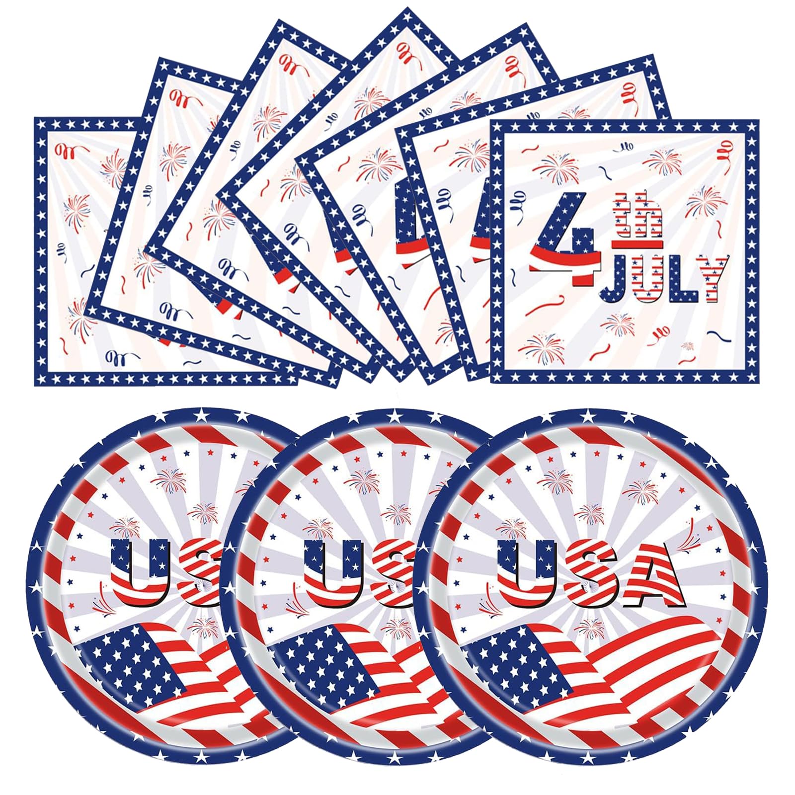 Xjoviative Patriotic Paper Plates and Napkins, 40 PCS American Flag Tableware Set, Disposable 9inch Star Pattern Dinner Plates and 3-ply Napkins, for 4th of July, Memorial Day Decorations