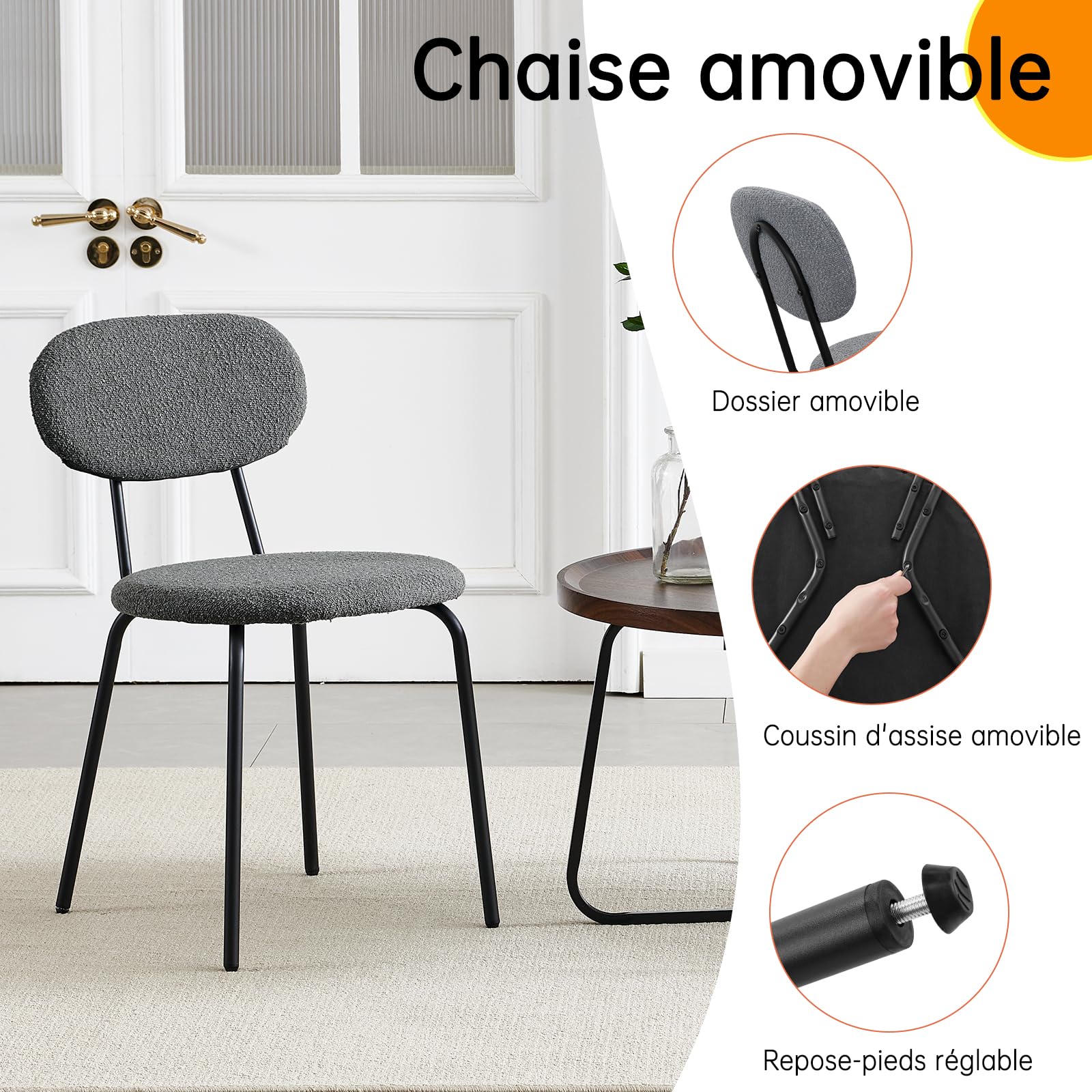 WAFTING Chaises de Salle à Manger Lot de 4, Chaise de Cuisine Empilables, avec Coussin en Tissu Teddy et Pieds Métalliques, pour la Salle à Manger, Cuisine, Salon, Chambre-Gris Foncé