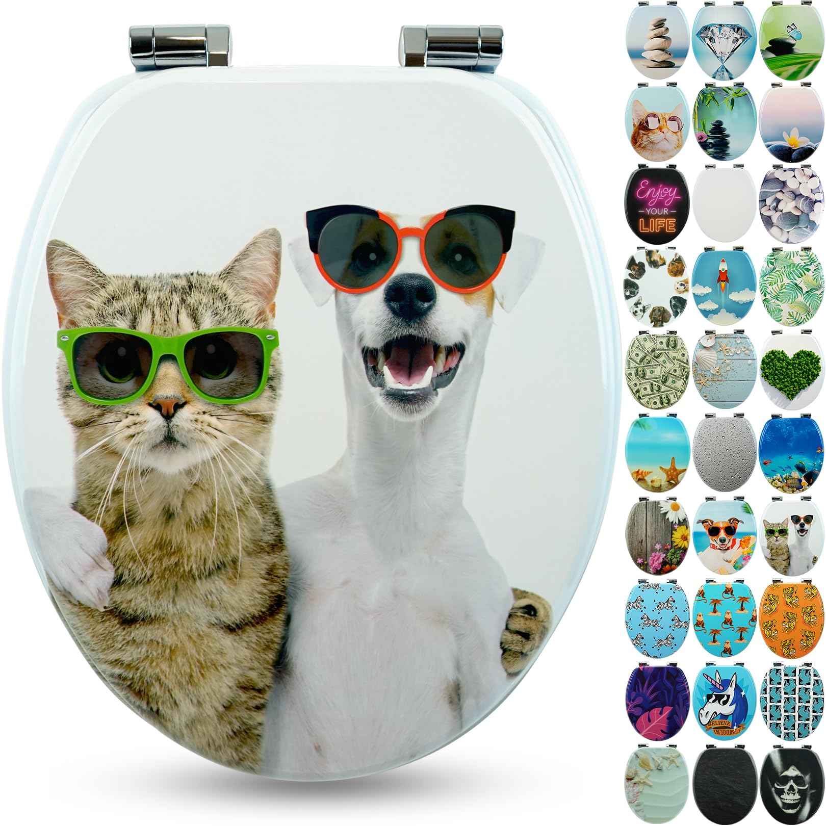 Sanfino® Premium Toilet Seat with Soft Close - Wooden Toilet Lid, Lots of Colourful and Decorative Designs, high Seating Comfort, Easy to Install Including Instructions - "Cat & Dog" — image 1