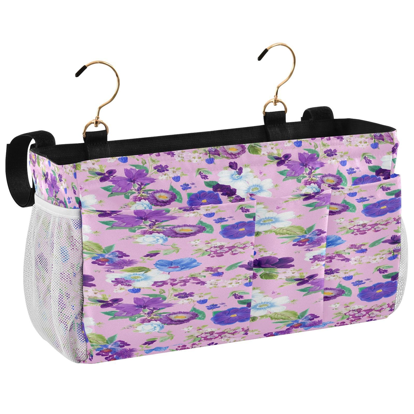 BOESI Doodle Colorful Flowers Bedside Storage Hanging Bag, Hanging Storage Basket, Suitable for Storing Cell Phones, Water Bottles, Books