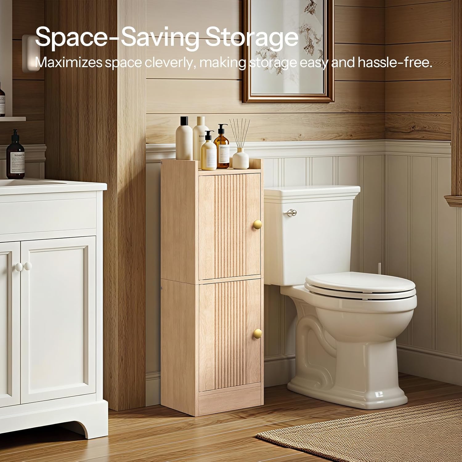 HOOBRO Small Bathroom Storage Cabinet, 9.8" W x 7.9" D x 30.7" H Small Cabinet for Bathroom with Doors, Farmhouse Floor Cabinet with 2 Adjustable Shelves, Narrow Toilet Paper Cabinet, Natural