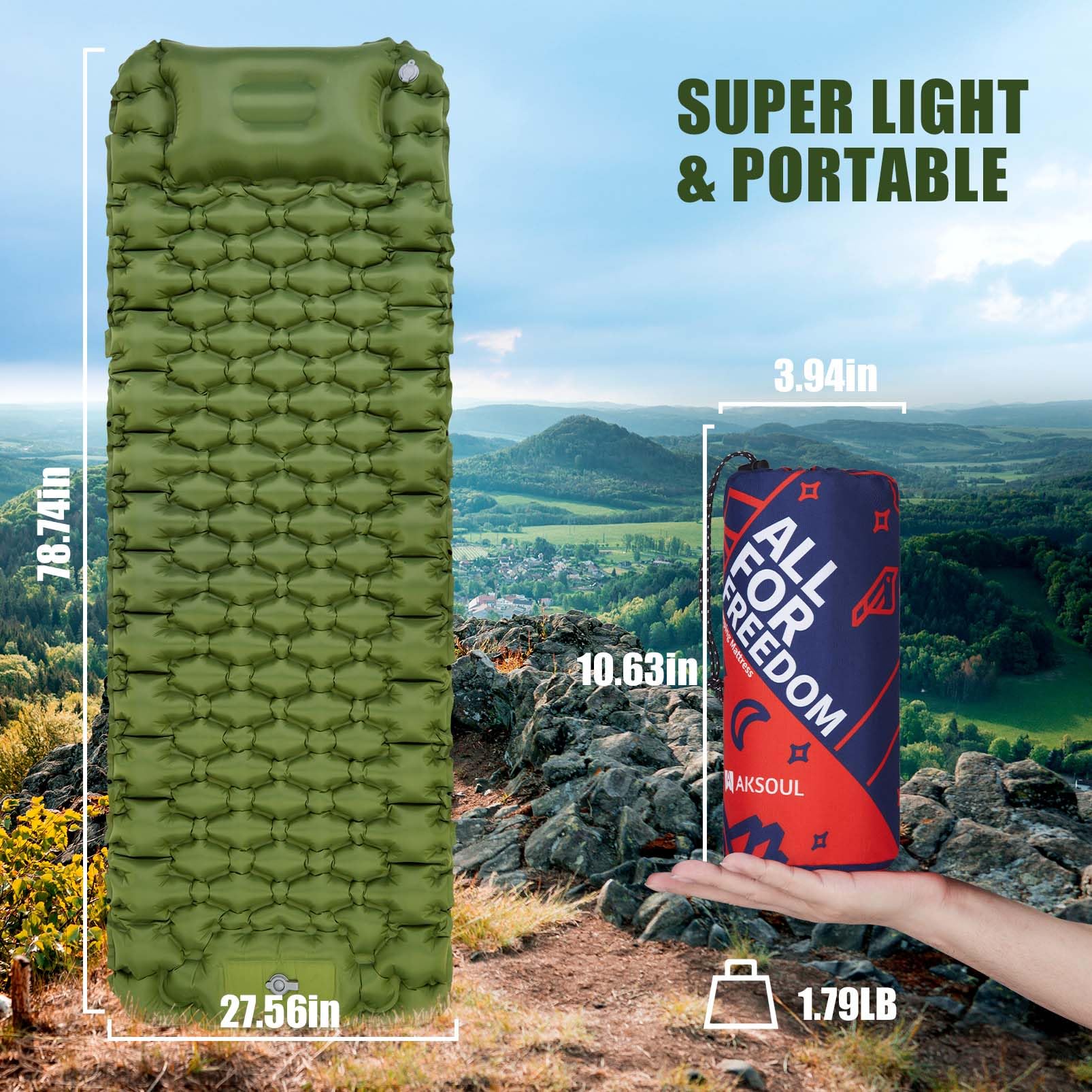 AKSOUL Matelas de camping auto-gonflant : matelas gonflable léger et compact – Matelas épais avec pompe à pied intégrée pour camping, randonnée, voyage, randonnée