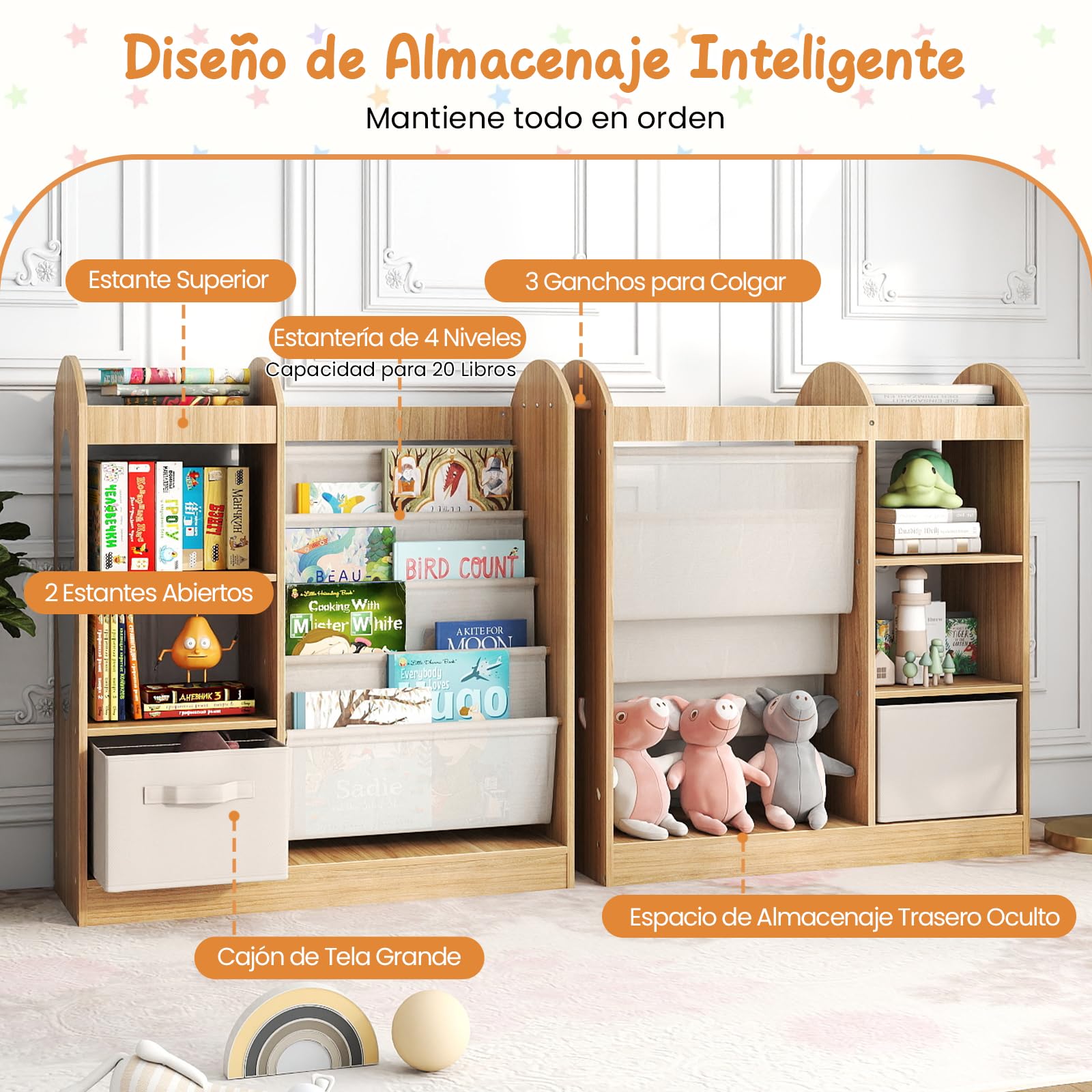 COSTWAY Librería Infantil, Estantería Infantil para Libros con Espejo de Cuerpo Entero, Cajón y Estantes de Tela de 4 Niveles, Librería Montessori para Sala de Juegos para Niños de 3+ Años (Natural)