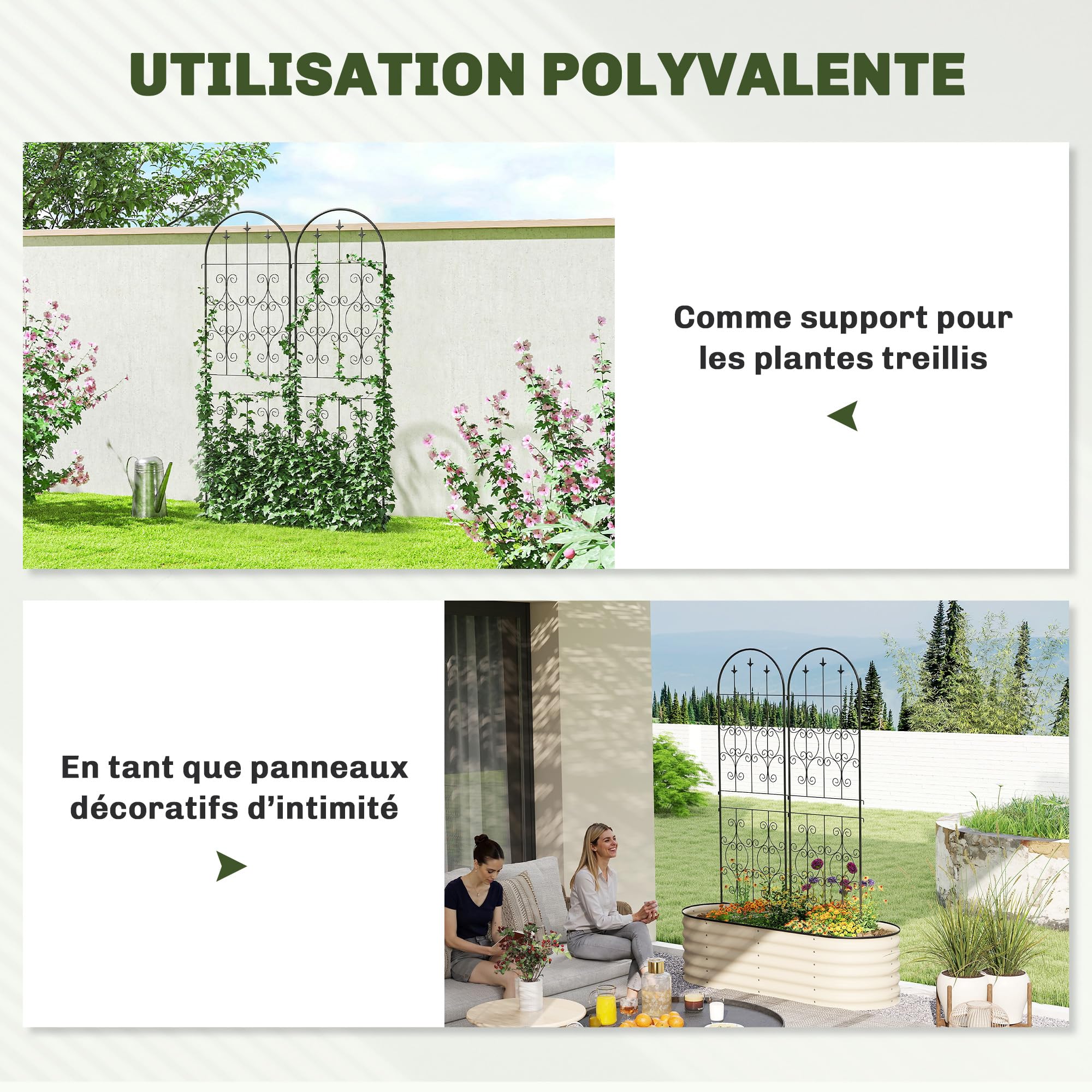 Outsunny Lot de 2 Supports pour Plantes Grimpantes Motif Volute 50x180cm | Treillis de Jardin en Métal, pour Légumes, Vignes, Fleurs, Noir