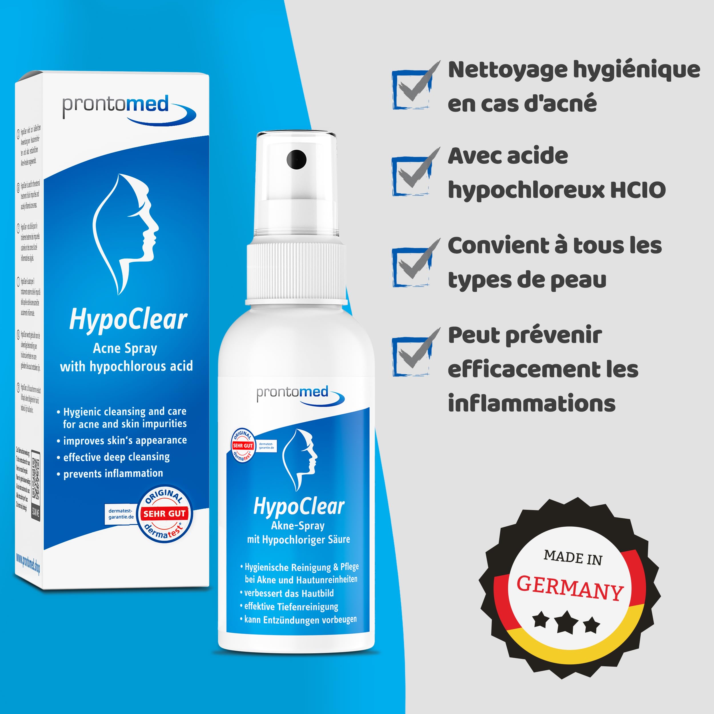 Prontomed HypoClear Spray contre l'acné 75ml – Soin efficace de la peau avec acide hypochloreux/Hypochlorus Acid | pour l'acné, les imperfections et les rougeurs | Pour une peau claire et saine – doux