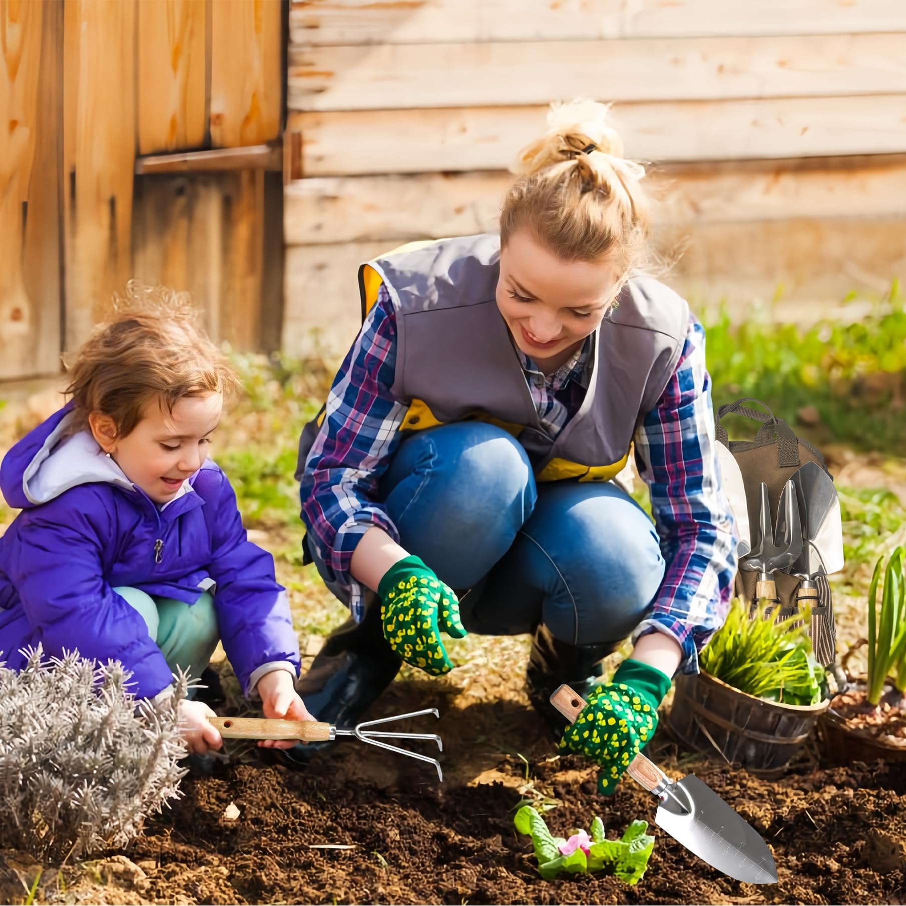 Juego de herramientas de jardín de 13 piezas con bolsa de mano y delantal, alfombrilla de trasplante – Kit de plantación resistente de acero inoxidable, asas ergonómicas antideslizantes