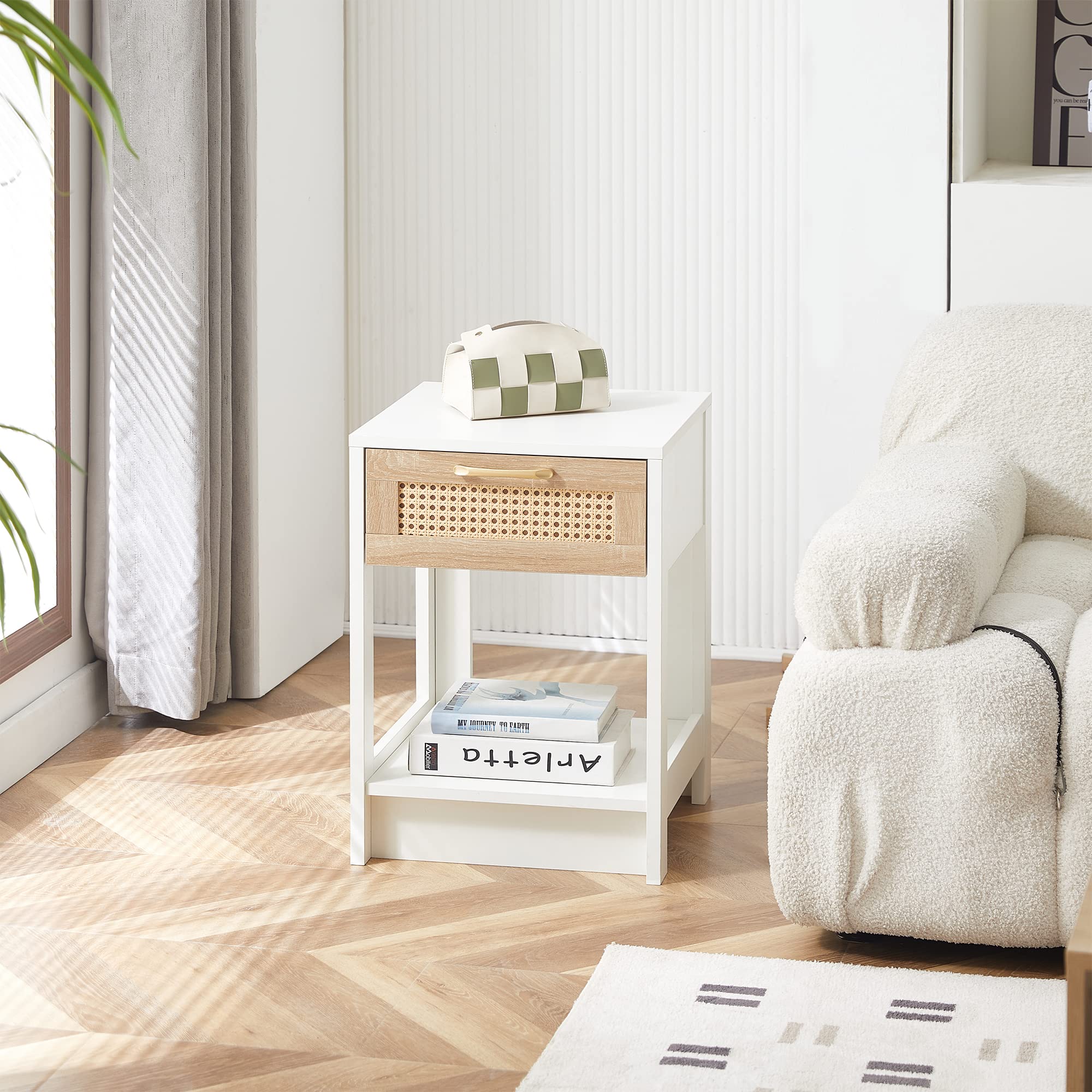 Comodino in rattan con cassetto, tavolino moderno per camera da letto, soggiorno e ufficio, piccolo comodino boho in legno, 40 x 40 x 55 cm, bianco