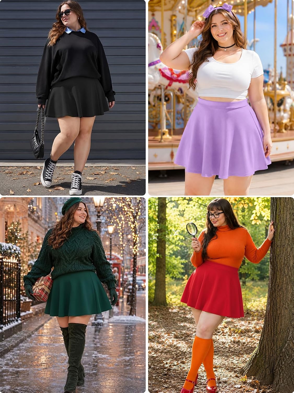 Moon Wood Plus Size Skater Skirt for Women Stretchy Flared Casual High Waisted Mini Skirt for Daily Theme Parks