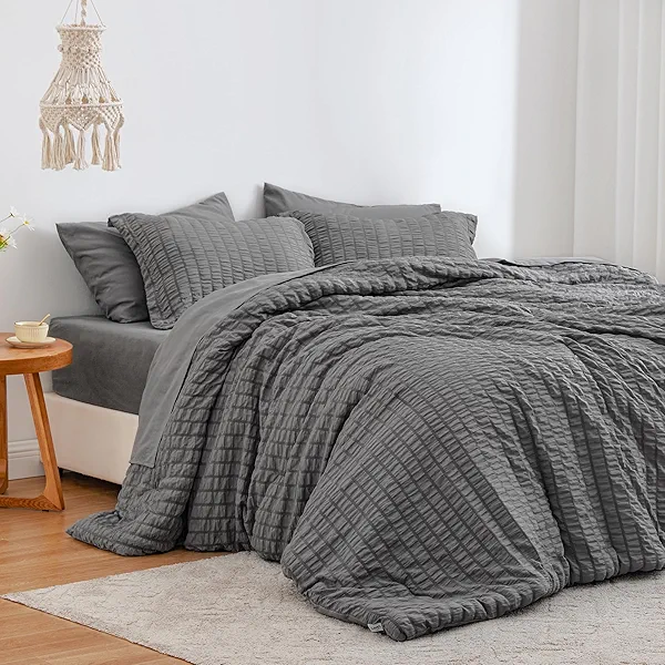 Love's cabin Seersucker Dark Grey King Size Comforter Set 7 Pieces, All Season Bedding Set, King Bed in a Bag Comforter Set with Comforter, Flat Sheet, Fitted Sheet, Pillowcase and Pillow Sham