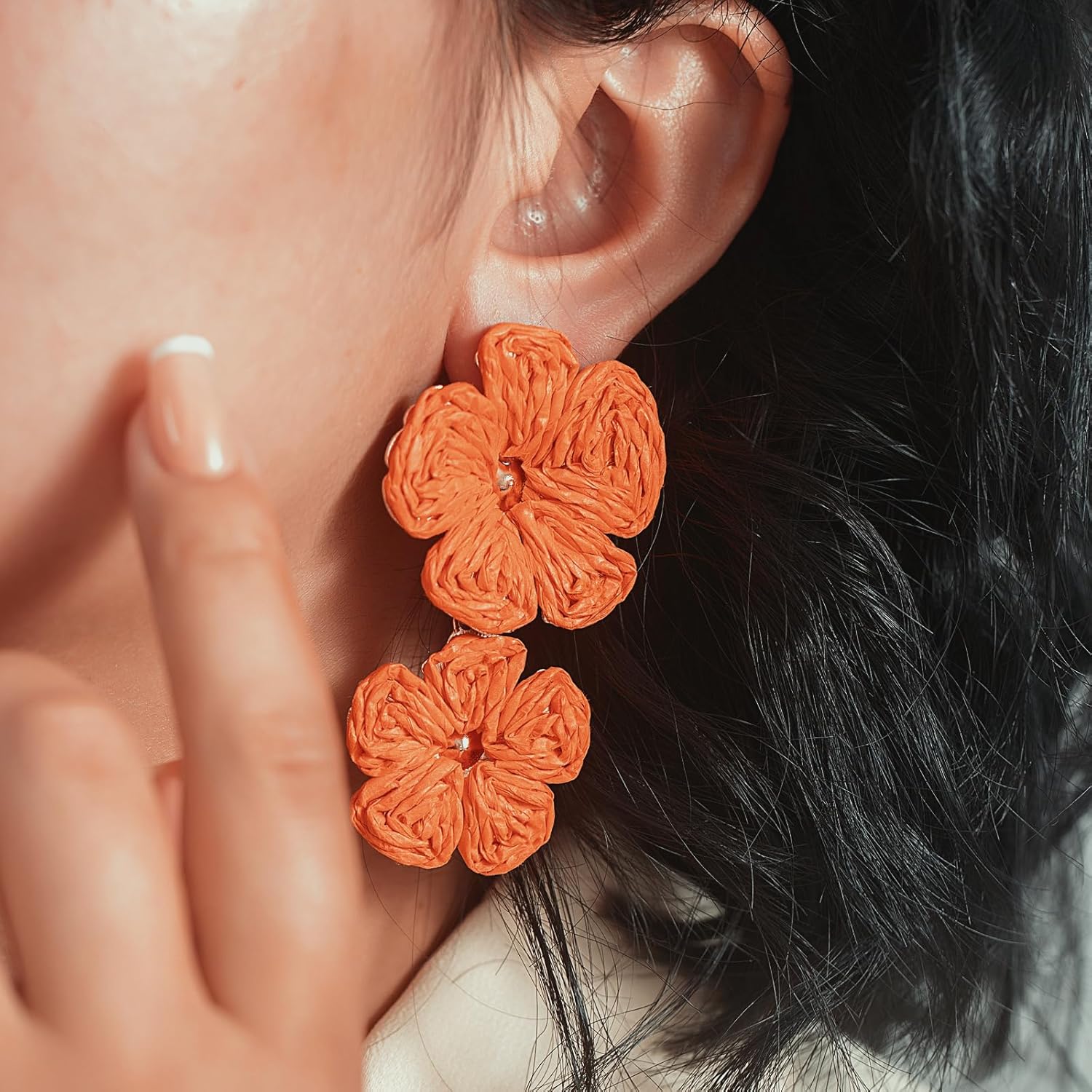 Flower Drop Earrings Floral Raffia Earrings Boho Statement Dangle Earrings Trendy Cute Summer Beach Vacation Jewelry for Women - Image 3