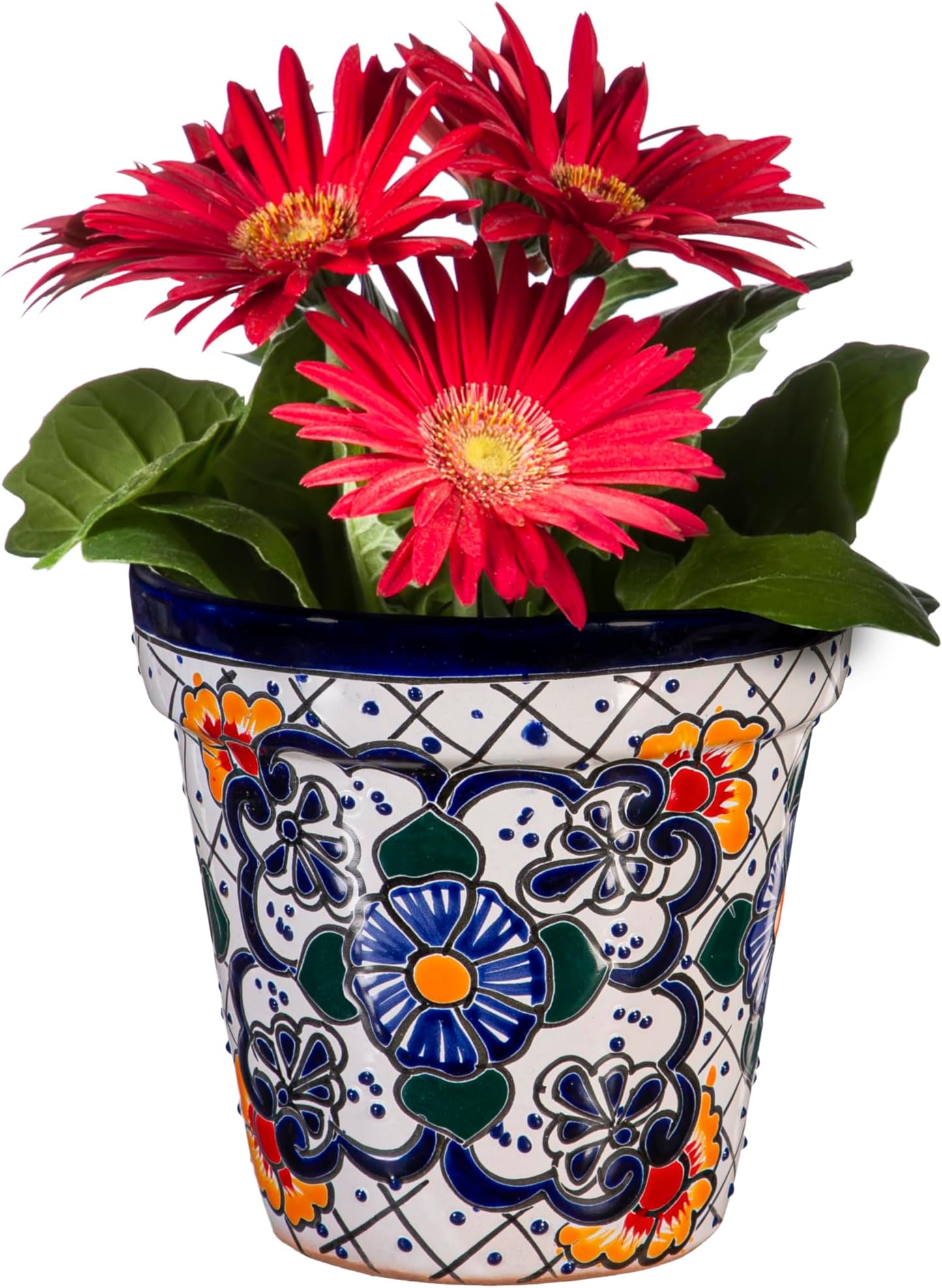 Evergreen Garden Talavera Mexican Pottery Ceramic Talavera White Vase Planter | Flower Pot Plant Succulent | Indoor Outdoor (8 inch)