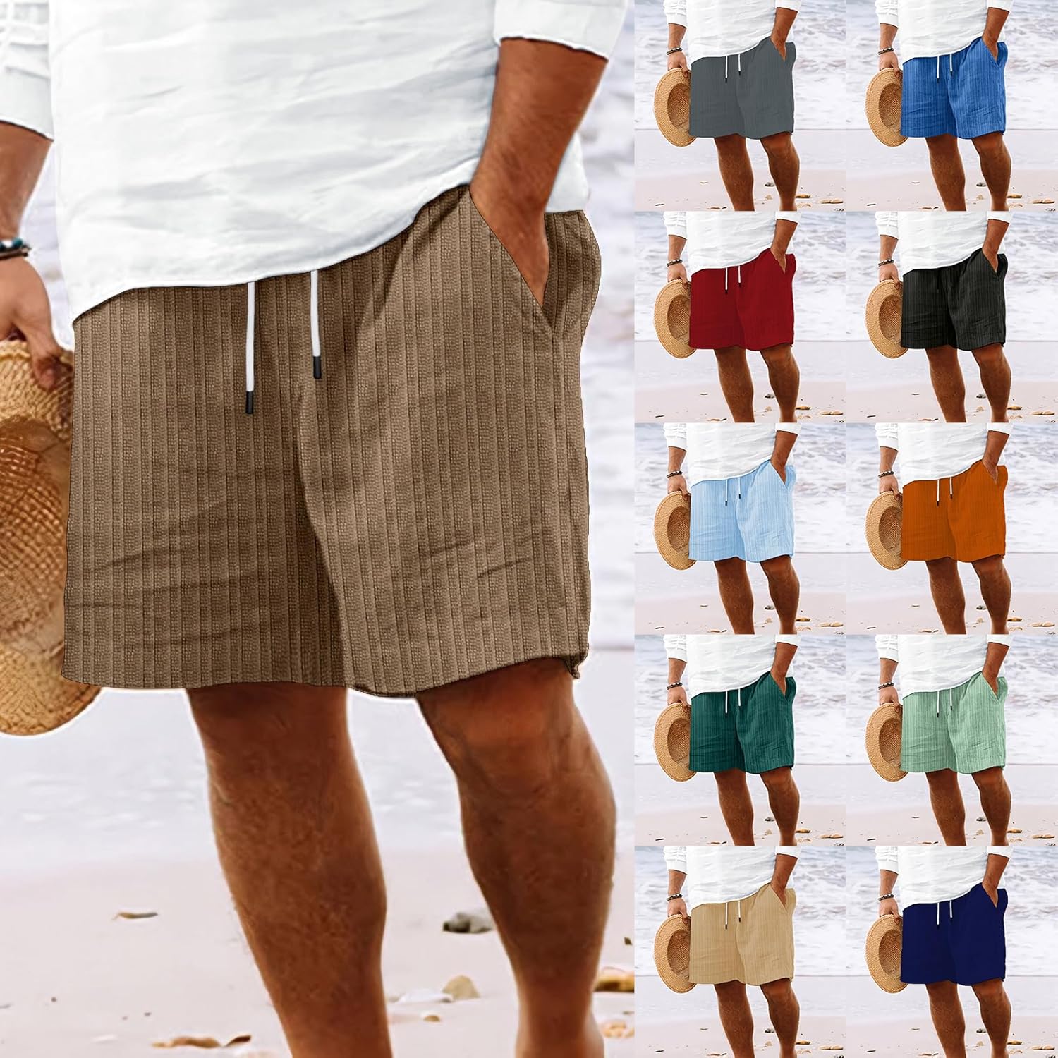 Mens Linen Shorts Flat Front Casual Elastic Waist Drawstring Summer Beach Vacation Shorts with Pocket(9Inch) - Image 7