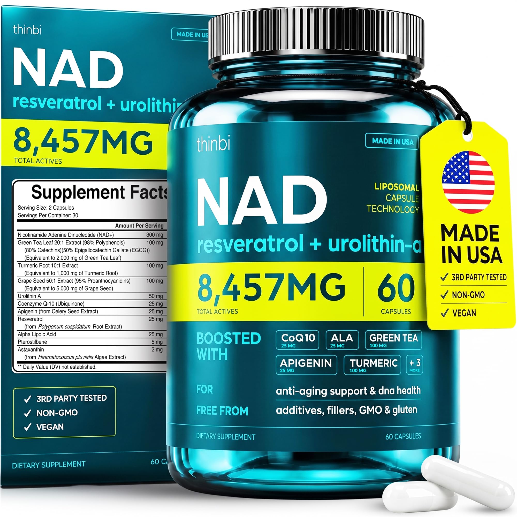 Thinbi Liposomal NAD+ Supplement with Resveratrol & CoQ10, 60 Count
