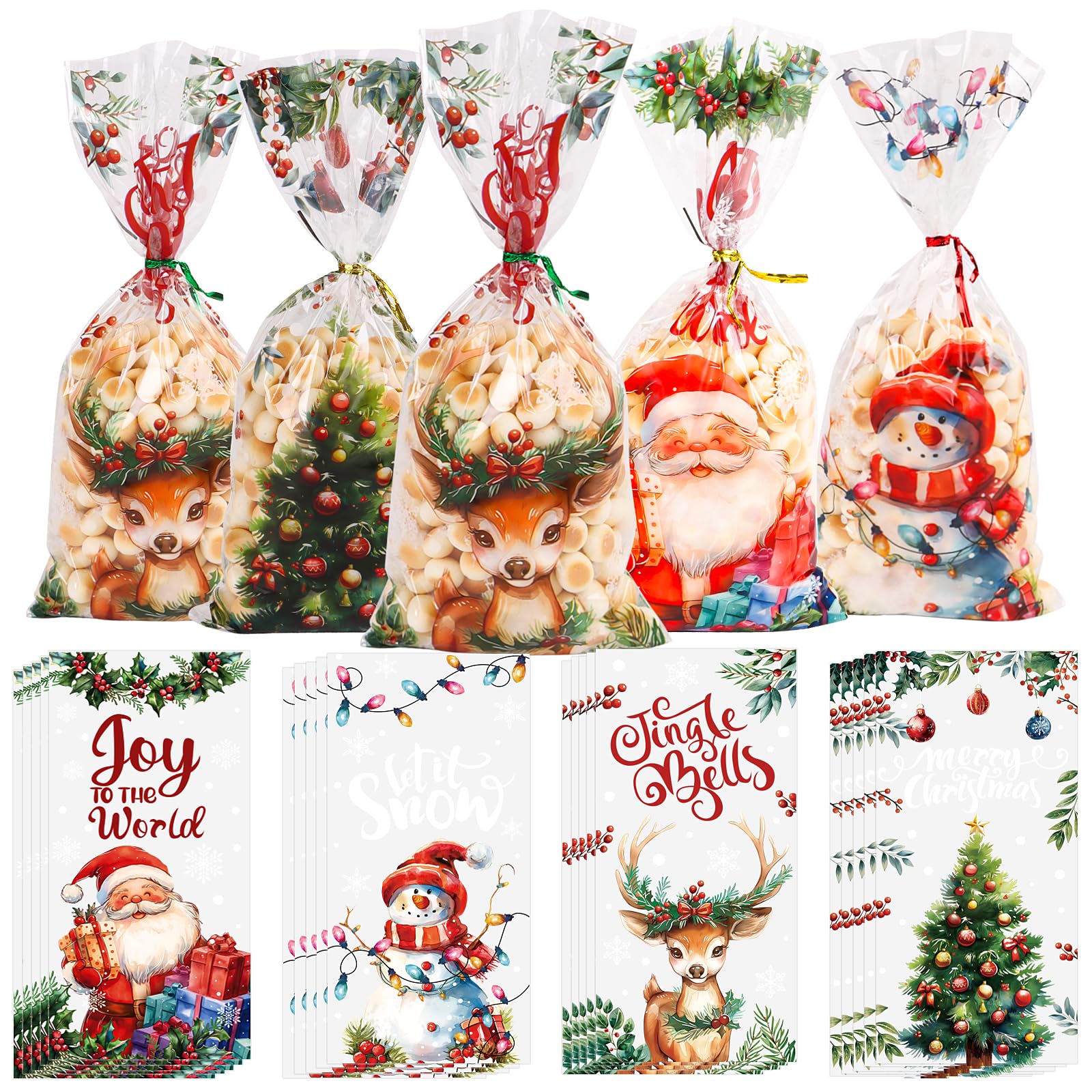 KIMOBER 200pcs Christmas Candy Treat Bags,Assorted Cartoon Cellophane Goodies Bags Clear Cello Gift Bag with Twist Ties for Xmas Supplies