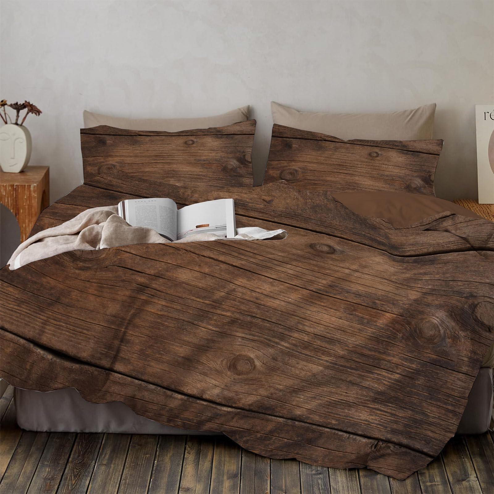 Housse de couette 140x200cm bois brun avec taie d'oreiller 65x65 en microfibre rétro