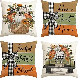 AVOIN colorlife Fall Pumpkin Truck Sunflowers Home Sweet Home Throw Pillow Covers, 18 x 18 Inch Autumn Thankful Grateful Blessed Harvest Floral Decorations for Sofa Couch Set of 4