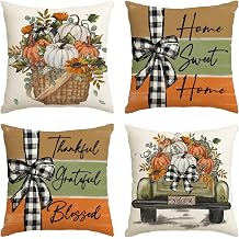 AVOIN colorlife Fall Pumpkin Truck Sunflowers Home Sweet Home Throw Pillow Covers, 18 x 18 Inch Autumn Thankful Grateful Blessed Harvest Floral Decorations for Sofa Couch Set of 4