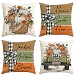 AVOIN colorlife Fall Pumpkin Truck Sunflowers Home Sweet Home Throw Pillow Covers, 18 x 18 Inch Autumn Thankful Grateful Blessed Harvest Floral Decorations for Sofa Couch Set of 4