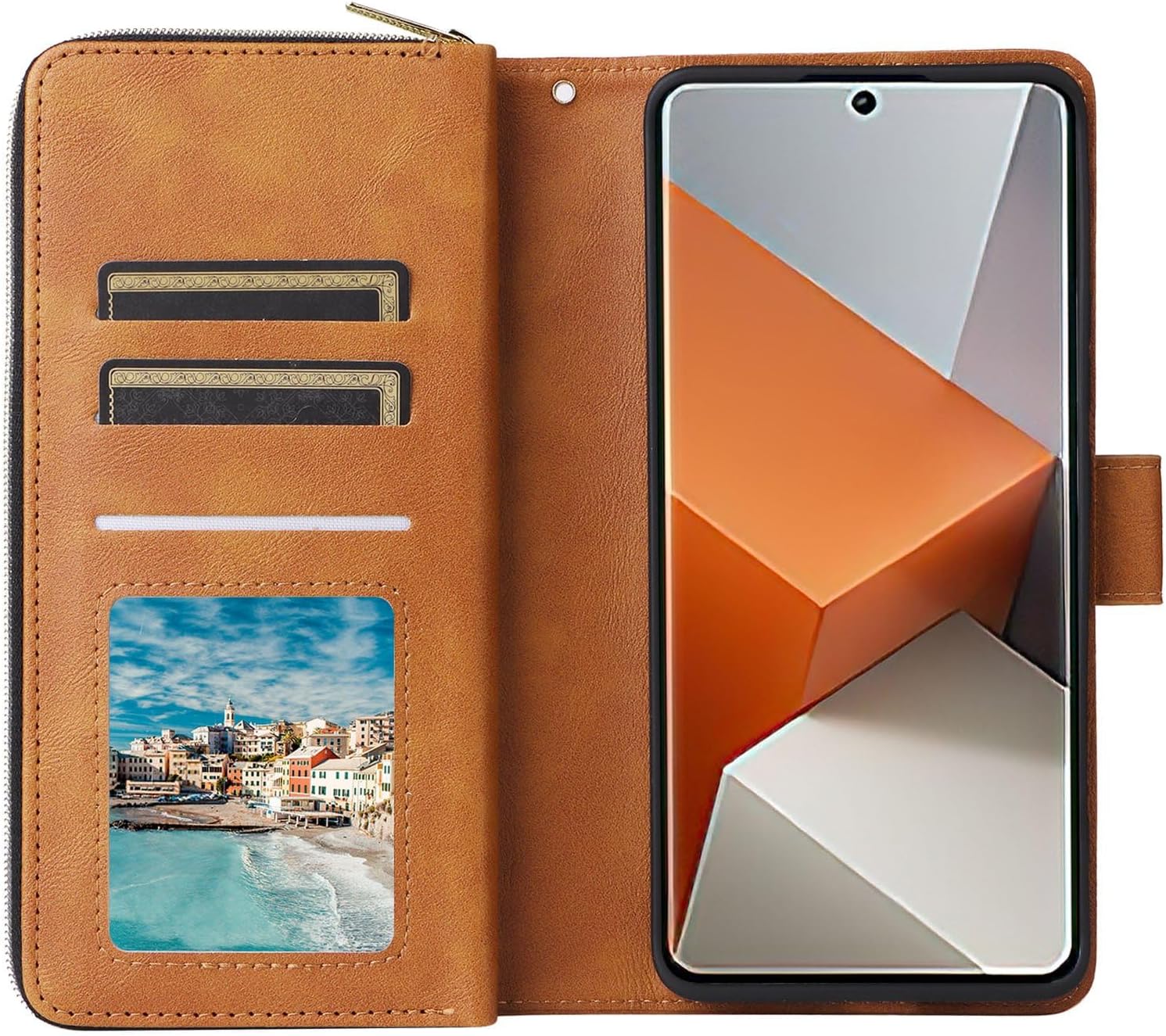 Wallet Case for iPhone 12 Pro with Wrist Strap Card Holder, PU Leather Flip Magnetic Zipper Phone Cover - Brown
