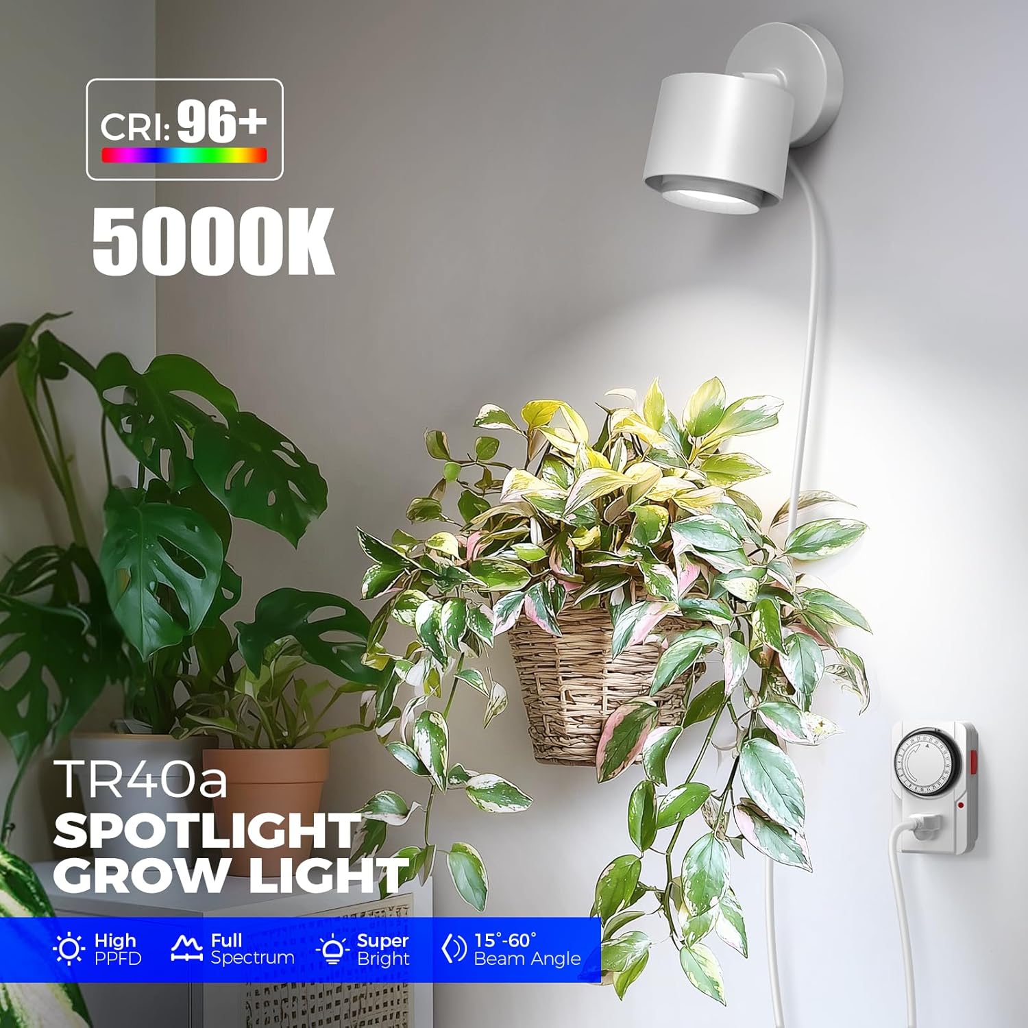 Barrina TR40a Track Grow Light for Indoor Plants, 40W Wall-Mounted Grow Bulbs with Adjustable Beam Angle (15°-60°), 5000K Full Spectrum Plant Spotlight with Timer & 16.4' Power Cord, 1-Pack