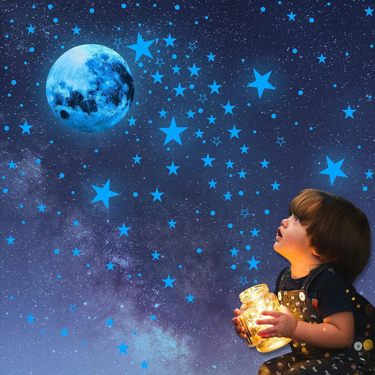 Glow in The Dark Stars for Ceiling - Large Glow in The Dark Stars and Moon Wall Decals 246pcs, Ceiling Stars Glow in The Dark Kids Wall Decors, for Kids Nursery Bedroom Living Room(Blue).