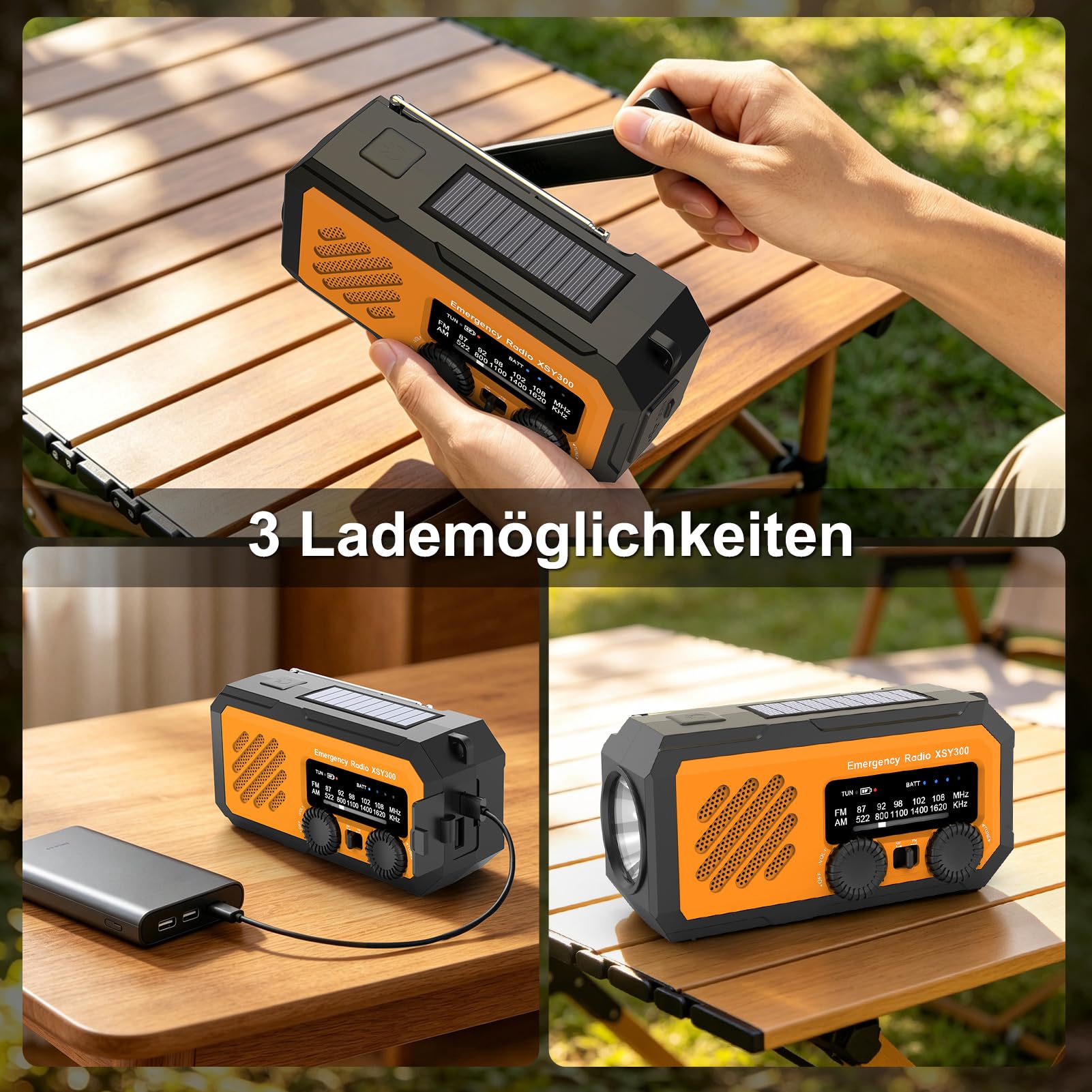 Multifunktions-Kurbelradio 2000mAh ，AM/FM Solar-Radio tragbar， Wetterradio mit LED-Licht & Powerbank ，SOS-Notfallalarm für Outdoor & Zuhause