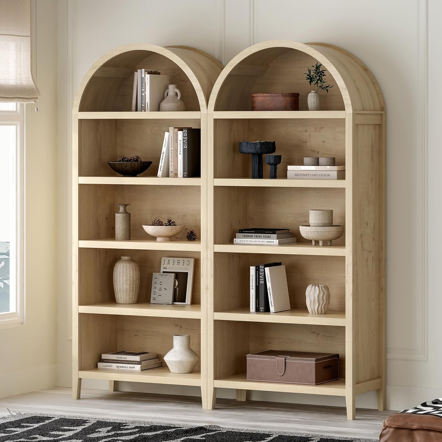 71" Tall Arched Bookshelf Set of 2, 5-Tier Farmhouse Large Open Display Cabinet, Modern Wood Bookcase with Adjustable Shelves Organizer Rack Large Kitchen Pantry Storage Cabinet Light Oak