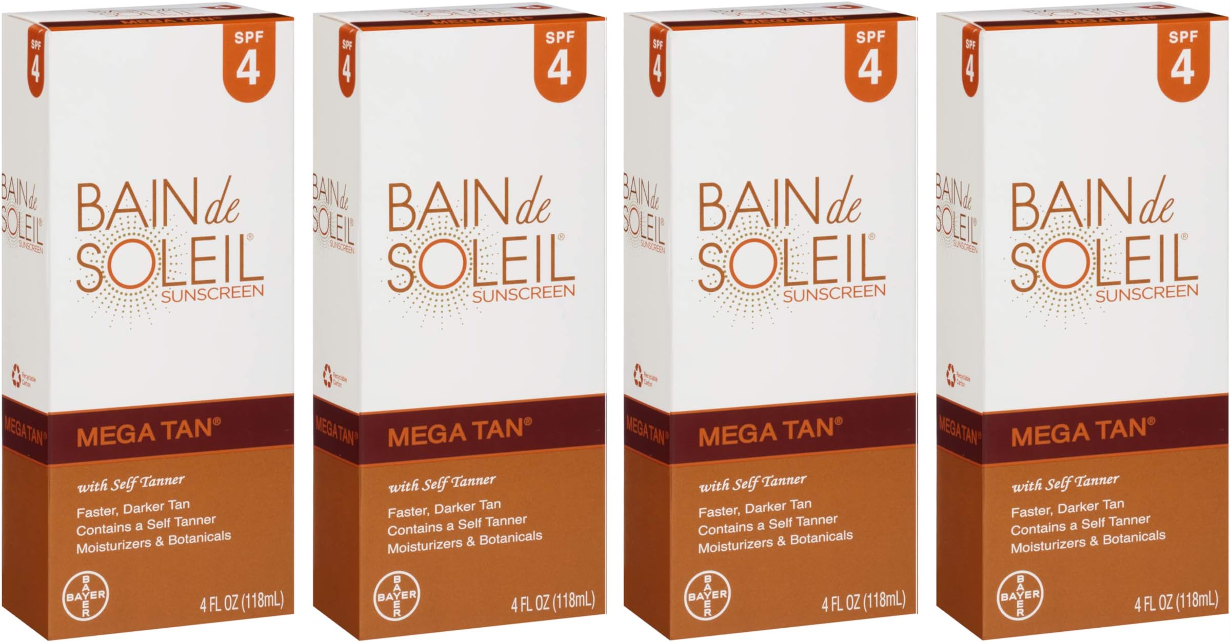 Bain de Soleil Mega Tan Sunscreen with Self Tanner, SPF 4 4 oz (Pack of 4)