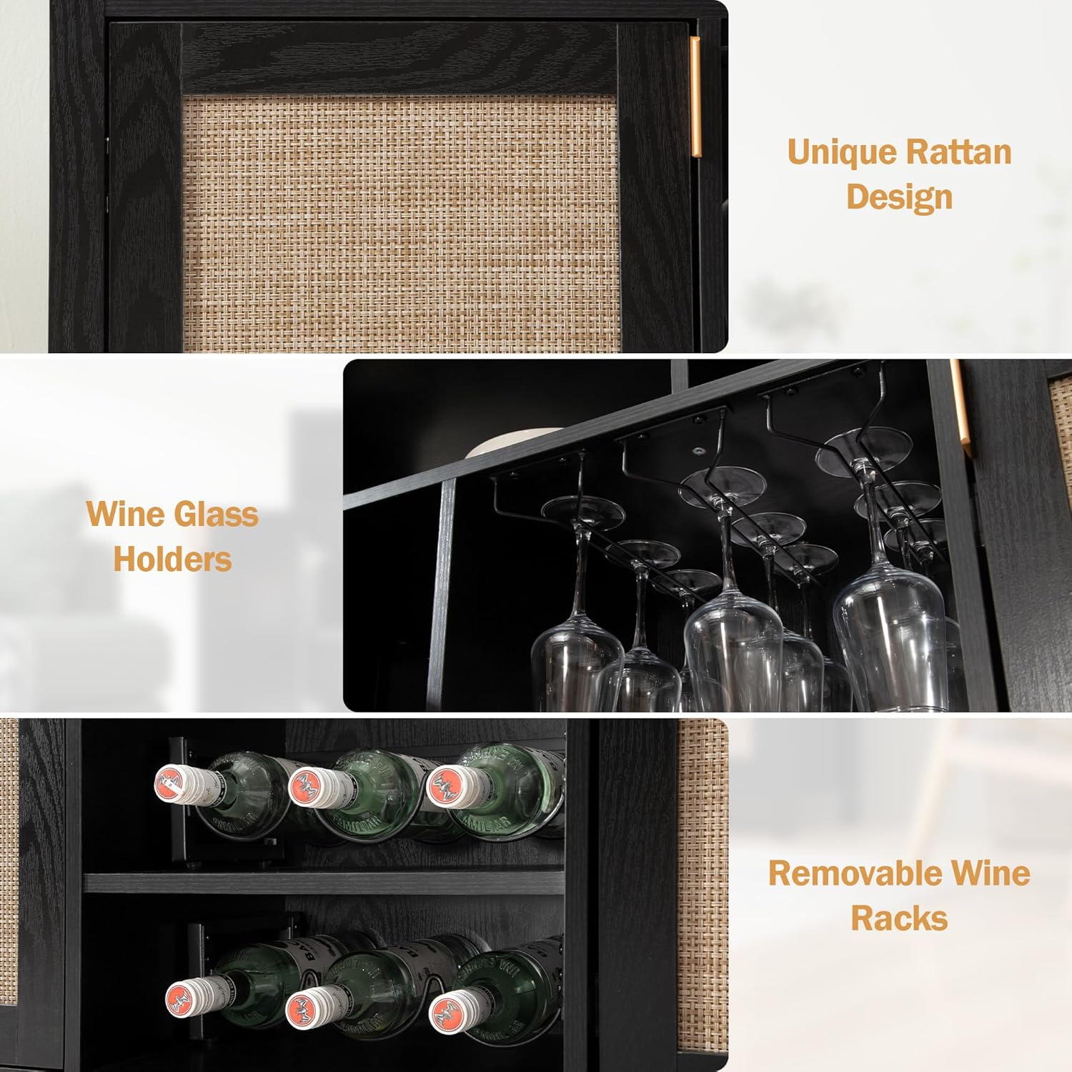 SICOTAS Rattan Coffee Bar Cabinet, 51" Sideboard Buffet Cabinet with Storage, Modern Liquor Cabinet with Wine Racks Credenza Console Buffet Table for Home Living Dining Room, Black Oak