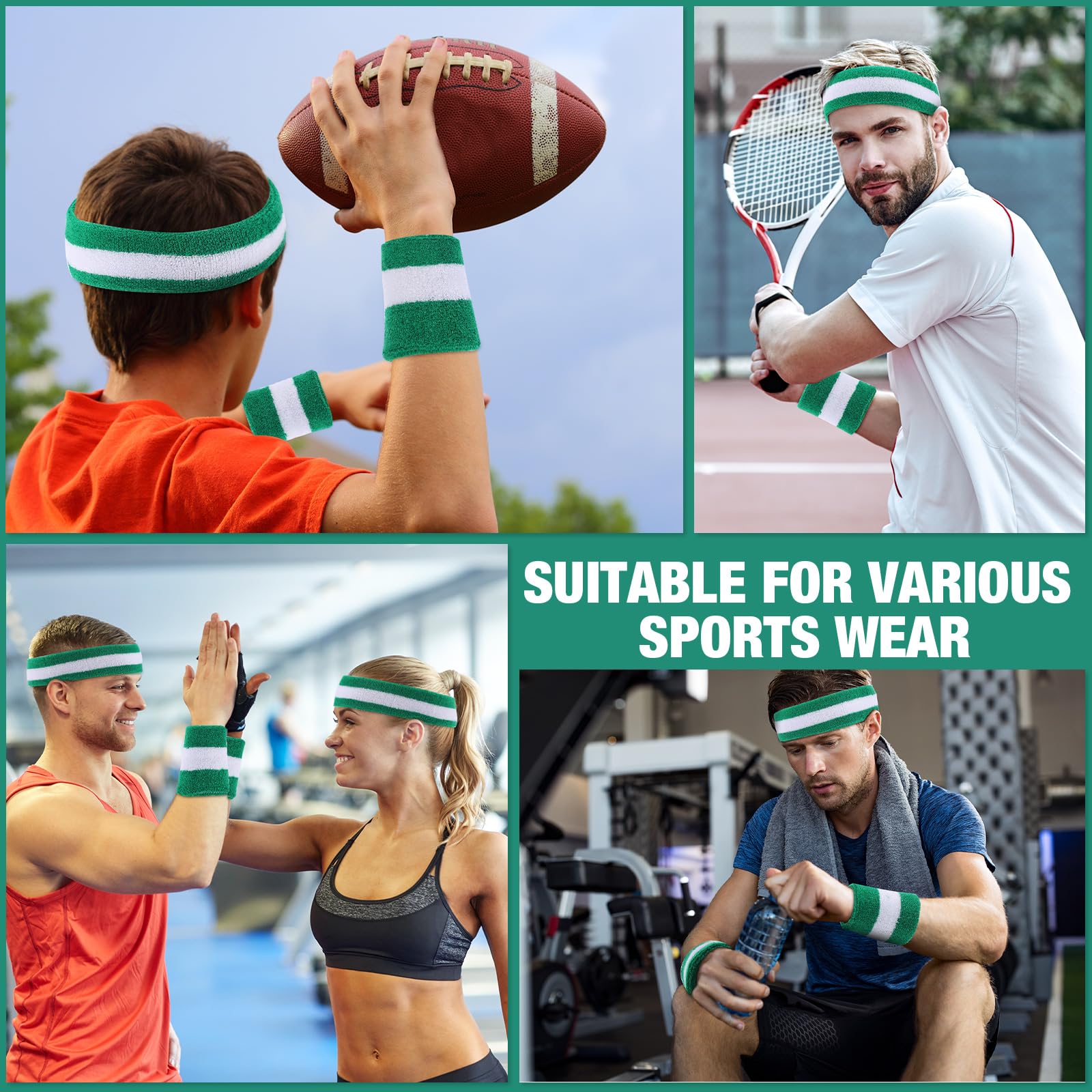 Diademas a rayas para mujeres y hombres, bandas de algodón atléticas para el sudor para niños y niñas, entrenamiento, baloncesto, correr, tenis al aire libre (blanco, verde, 24 juegos)