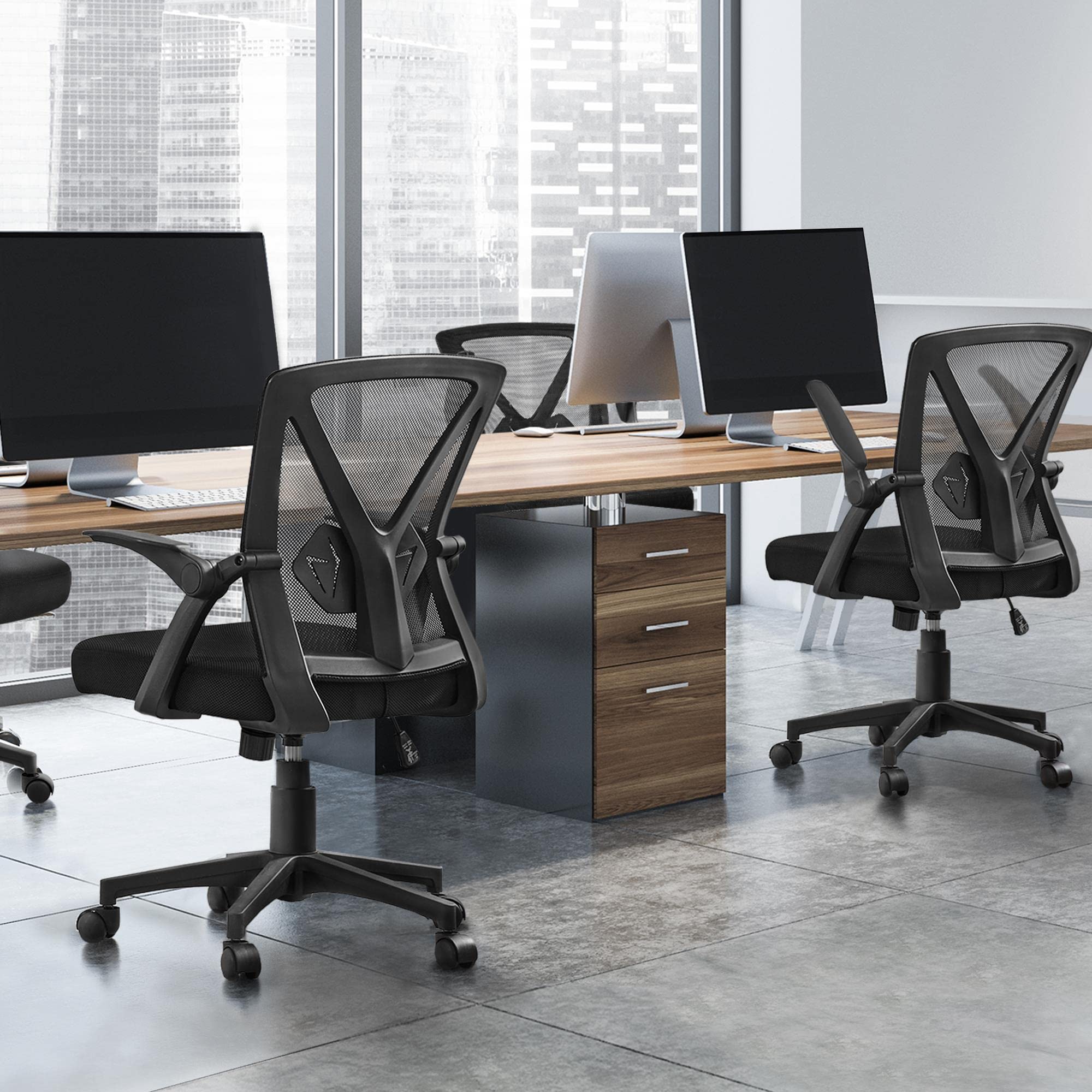 Abician Fauteuil de Bureau Fauteuil d’Ordinateur en Maille avec Accoudoirs Relevables Support Lombaire Ajustable Assise Rembourrée Réglable en Hauteur Noir