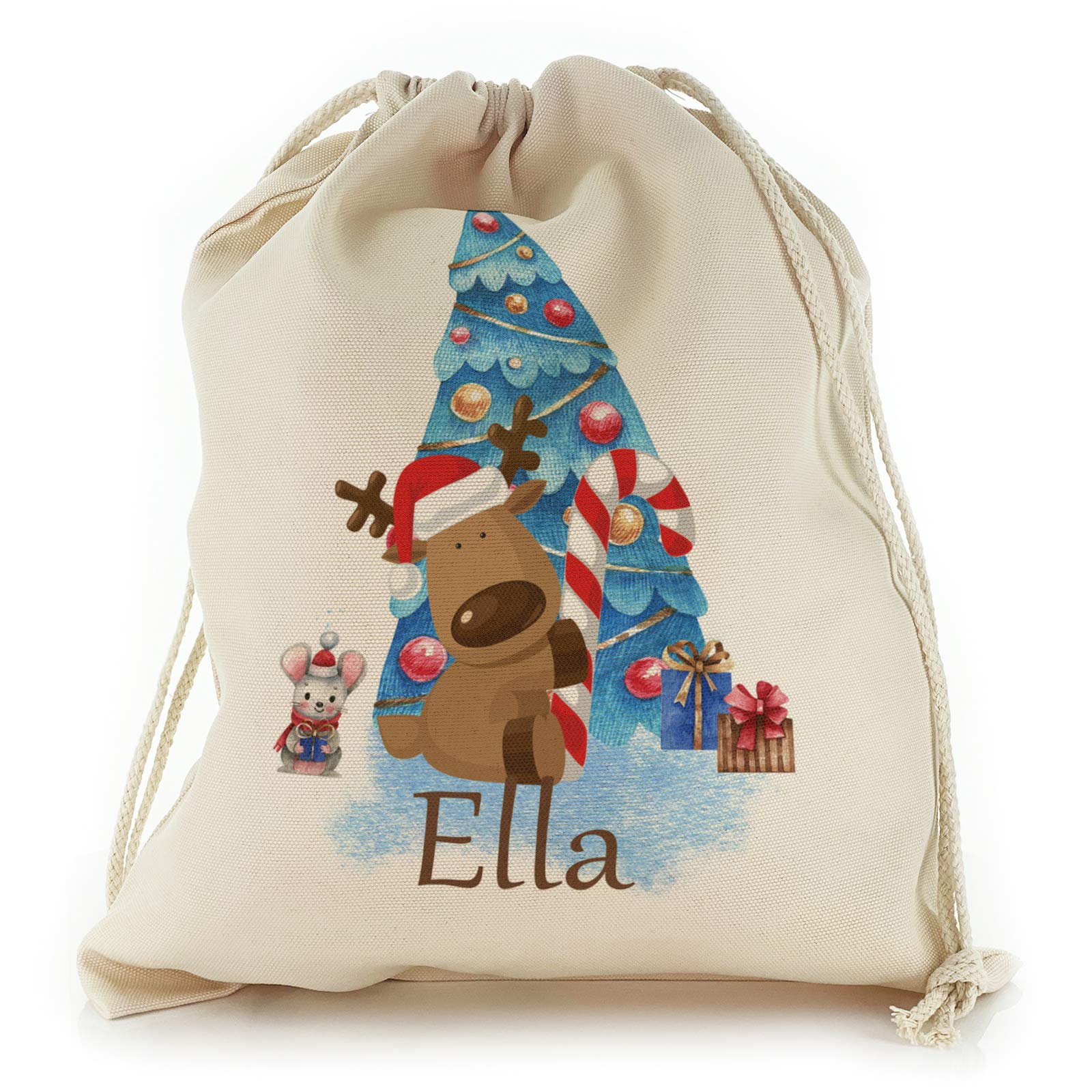 Personalised Gift Bag For Christmas, with Blue Christmas Tree Reindeer Mouse Design Print, Reusable, Xmas Drawstring Sack Customised with With Name/Initials/Text, Sizes: XXS, XS, S, M, L, XL