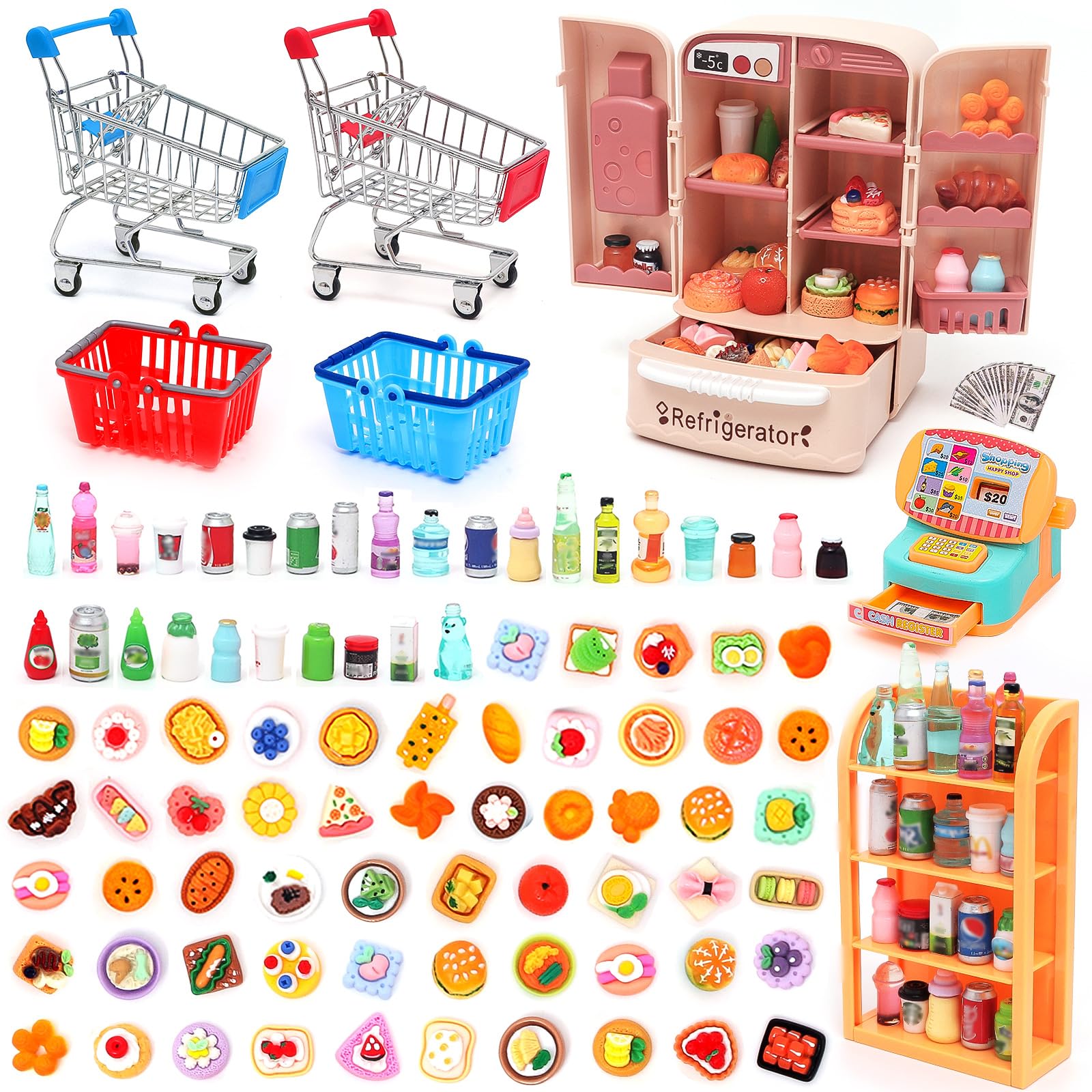 138 PCs Mini Shopping Cart Basket Miniature Food Drink Bottle Supermarket Metal Handcart Toy Doll House Store Dollhouse Grocery Trolley Model Dollar Bills Small Shelves Mimi Refrigerator Cash Register