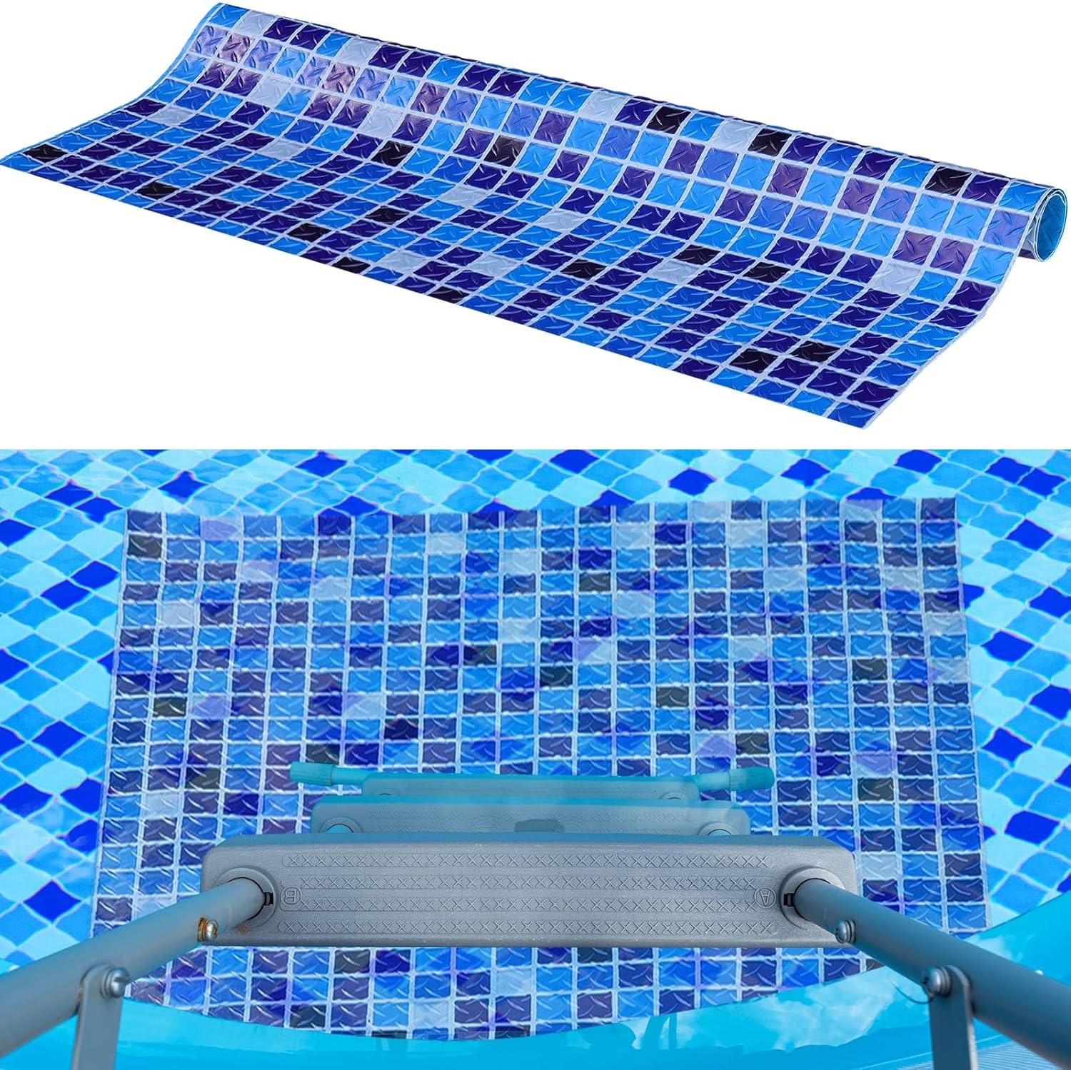 Pool Step Mat Above Ground Ladder Mat, Swimming Protective Nonslip Step Pad with Texture, Pool Essentials Accessories for Floor Liners and Stairs, Blue Square Pattern(36 x 48 Inch)