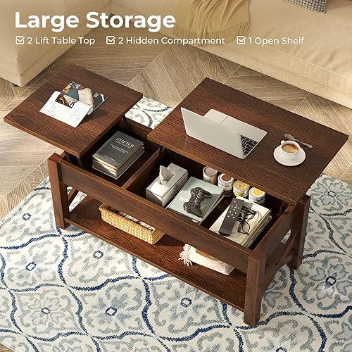 Miniatura 4 de Rolanstar Coffee Table, 47.2" Lift Top with Hidden Compartment, 2 Way Lift Top Coffee Table with Open Shelf & X Wooded Support, Farmhouse Center