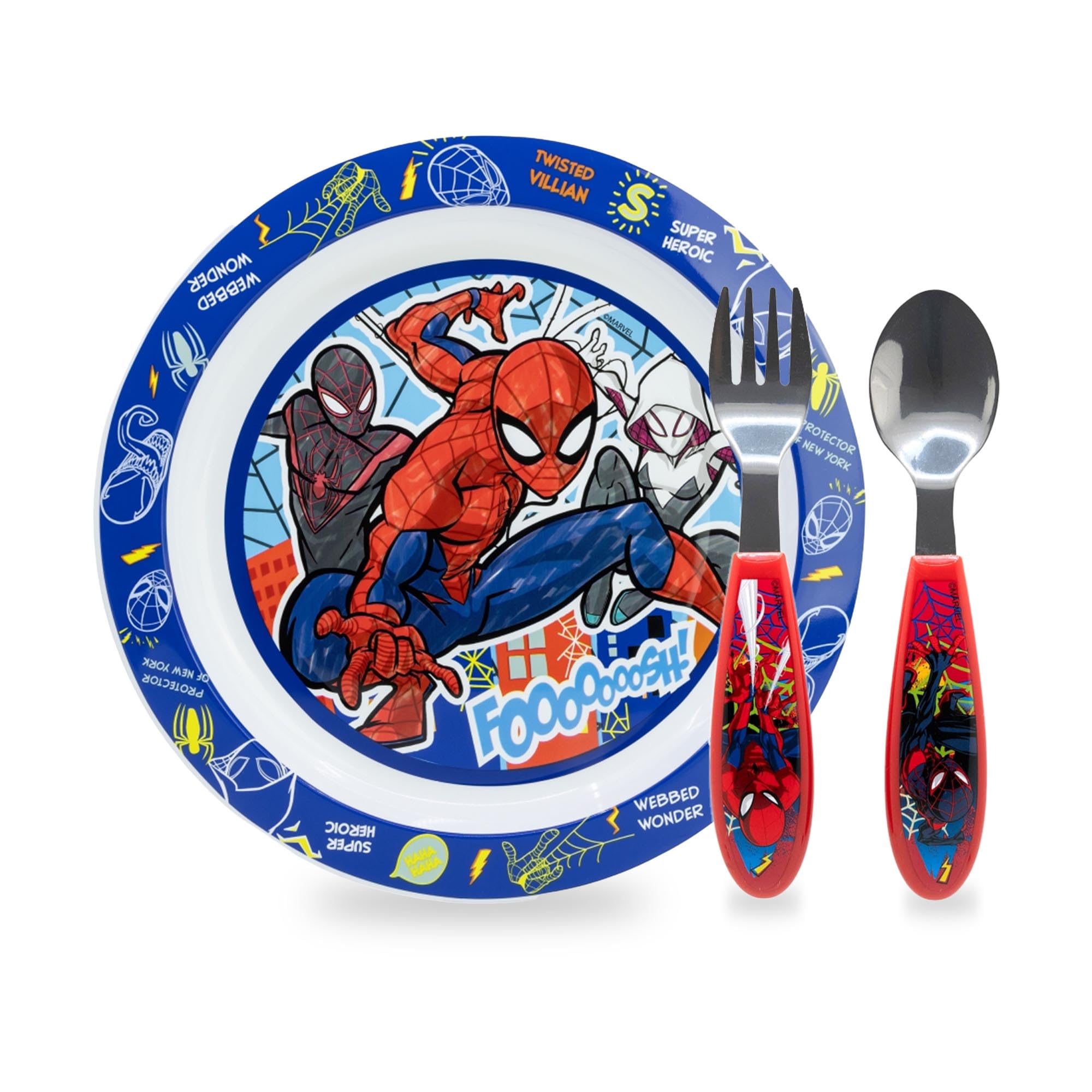 Set di Stoviglie Riutilizzabile per bambini, Set Piatti 3 Pezzi, Set stoviglie con Piatto, Posate in Acciaio Inox, Piatti in Plastica Adatti per Microonde, Spiderman