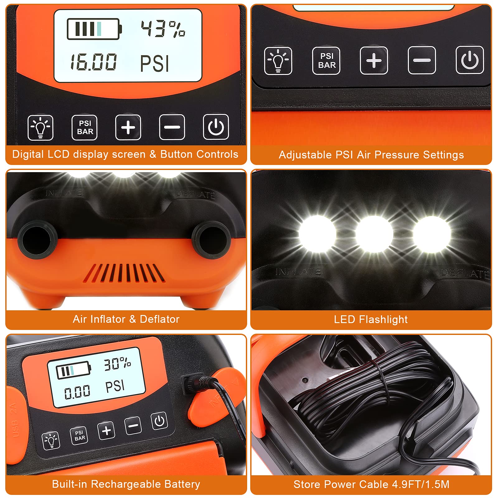 AGPtEK 16PSI 12V 6000mAh SUP Pumpe Elektrisch Wiederaufladbare SUP Pumpe | Akku Kompressor mit Aufblasen/Ablassen, tragbare Elektrische Luftpumpe SUP für Luftmatratzen, Zelte und Boote