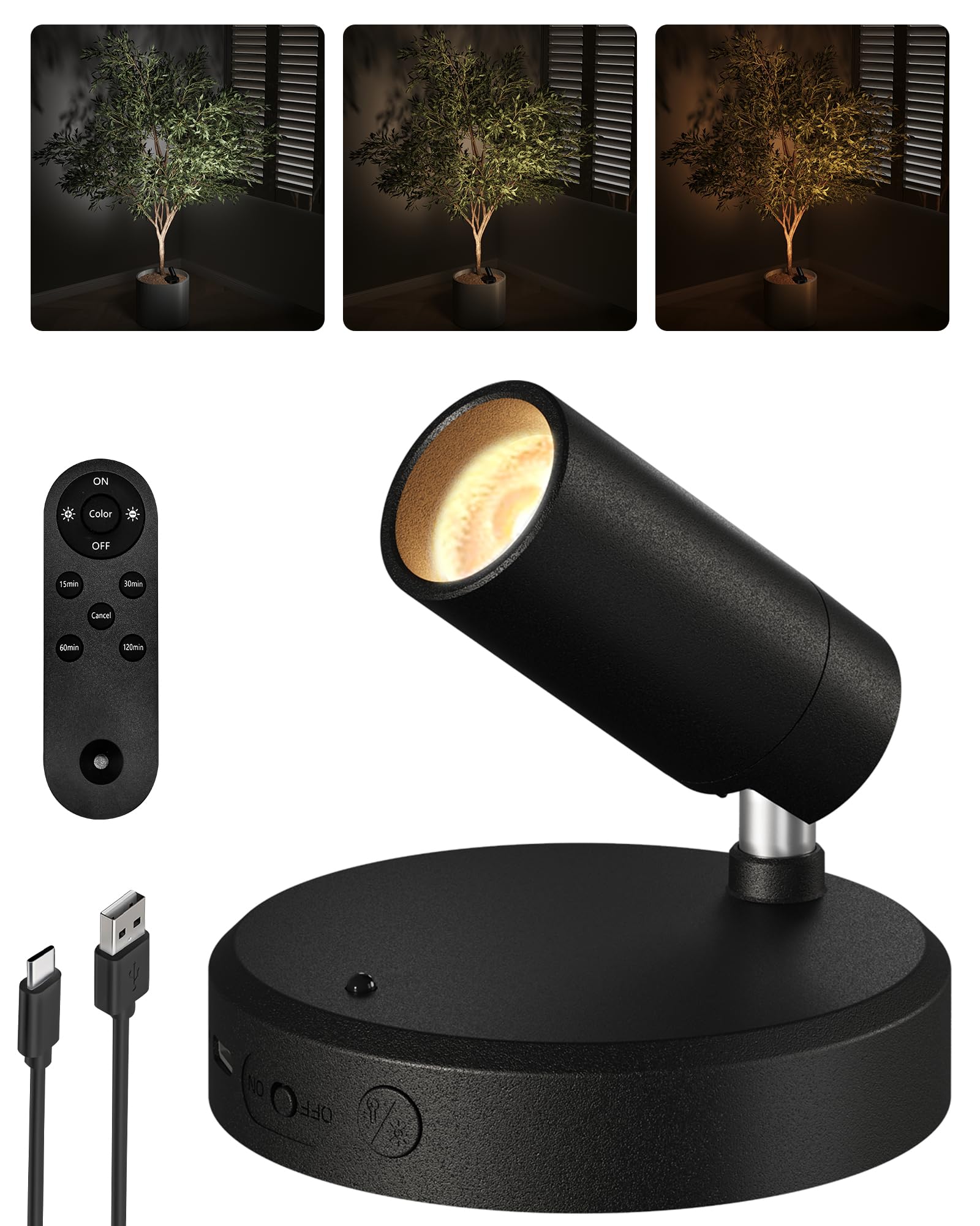 EZVALO Wireless LED Spotlights Indoor, 5500mAh Rechargeable Battery Powered Plants Spotlights Indoor, Dimmable & Timer, 3 CCT Small Up Lights with Remote, Accent Uplighting for Artwork,Tree(Black)
