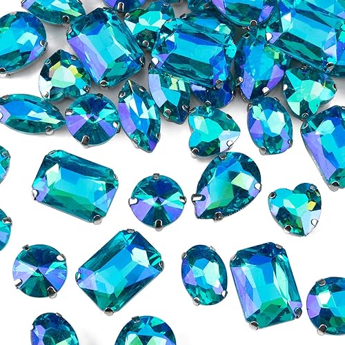 Sew On Rhinestones, Choupee 48PCS Mixed Shapes Sew On Glass Rhinestone Sewing Claw Rhinestone for Craft, Clothes, Garments, Dress, Earring, Belt, Shoes (Lake Blue AB, Stainless Steel - Silver Claw)
