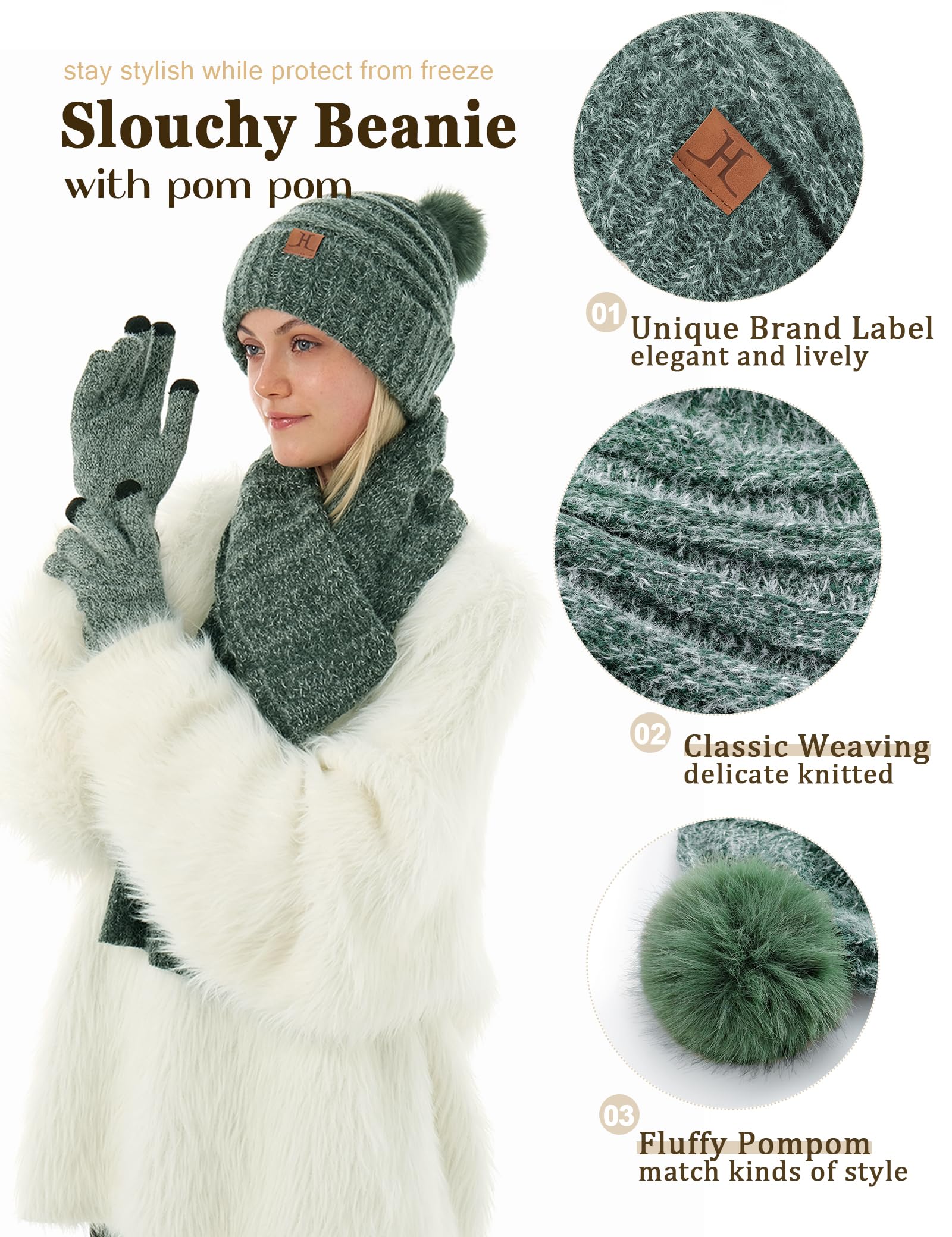 Juego de gorro, guantes y bufanda para mujer, sombreros de invierno con forro polar holgado con bufanda con pompón, guantes térmicos para pantalla táctil