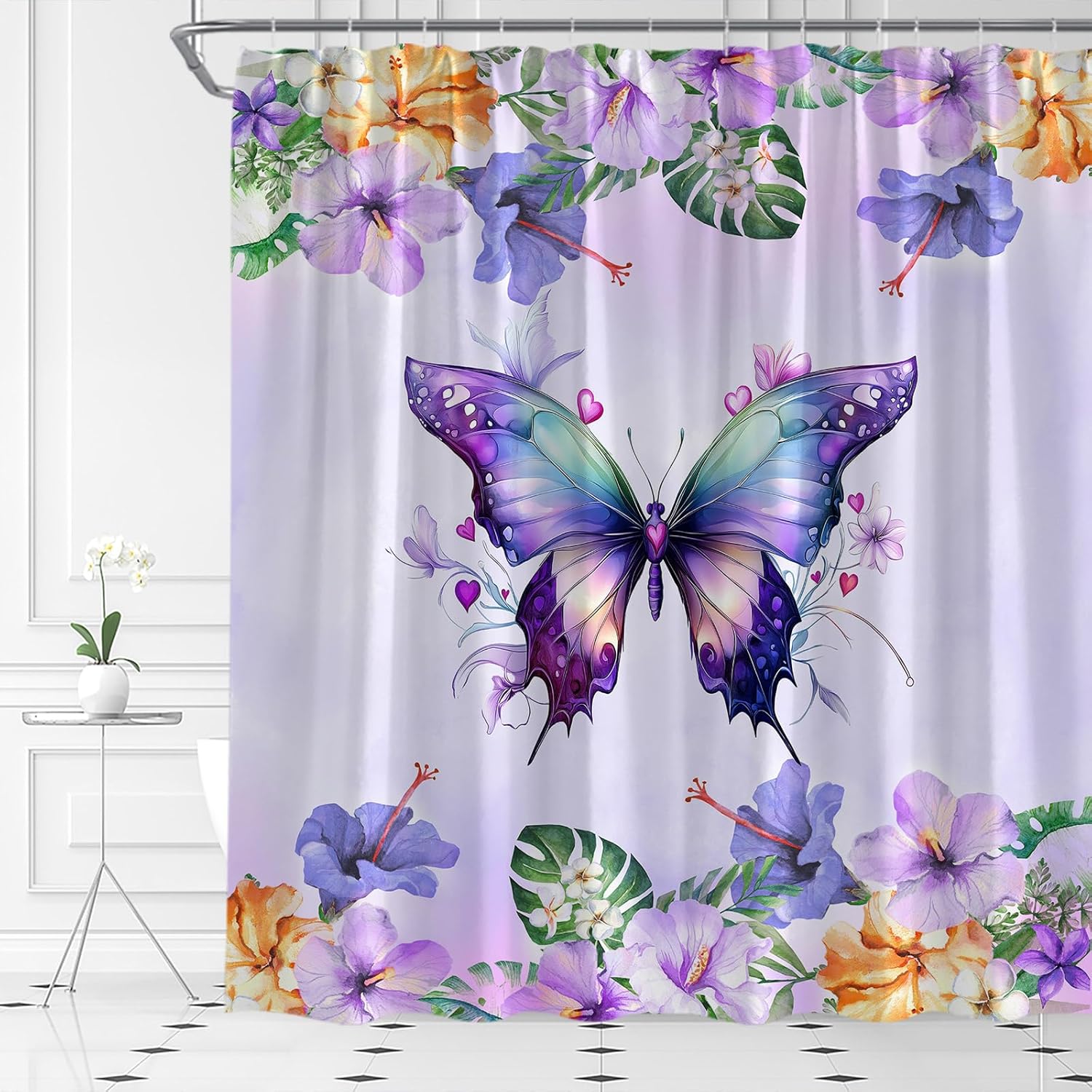 Flower Butterfly Shower Curtain Purple Butterfly Spring Lavender Lilac Floral Watercolor Home Fabric Bathroom Decor Set Include Hooks,(70" Wx74.8 H)