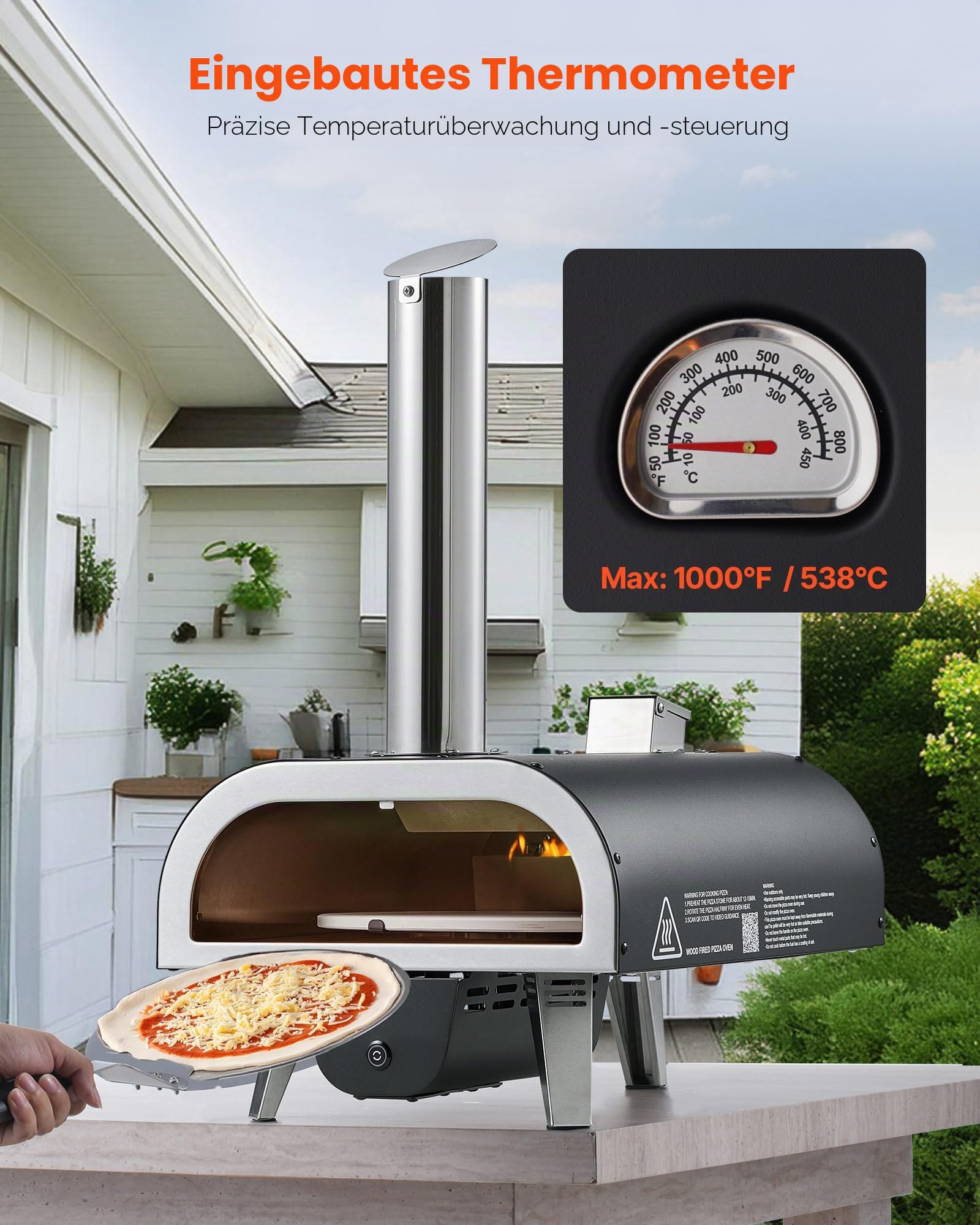 VEVOR Pizzaofen Outdoor 304,8 mm / 12 Zoll Holzofen, Pellet-Pizzaofen mit Thermometer & elektrischer Rotation, tragbarer Pizzamaker für Camping im Garten Terrasse Pizzastein Tragetasche Schaufel