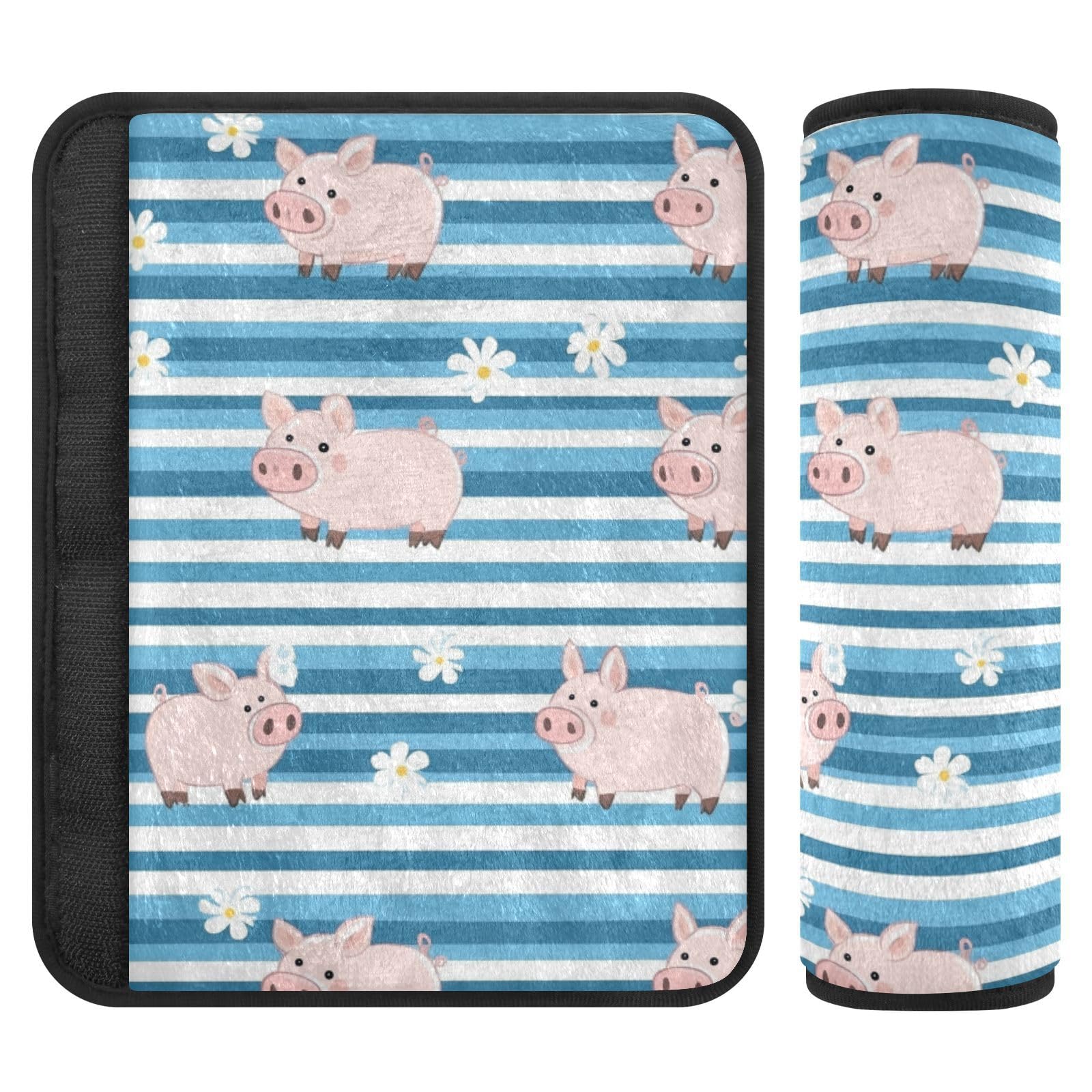 Seat Belt Covers 2 Pack Cute Pink Pig Car Seat Strap Covers Super Soft Blue Stripe Car Seat Neck Cover for Boys Girls Adults Babies M
