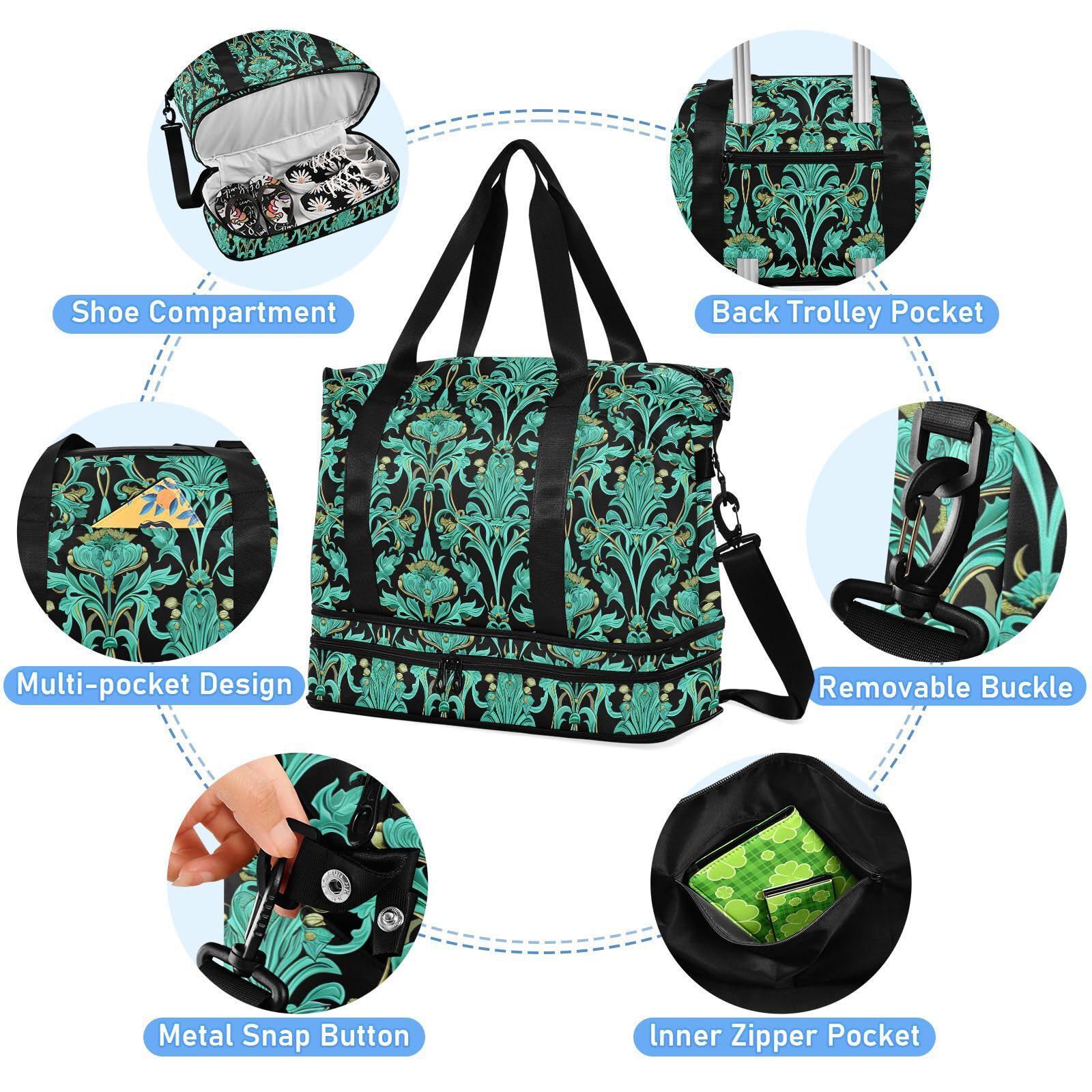 William Morris - Bolsa de viaje con bolsillo húmedo, correa ajustable, para gimnasio, deportes, yoga, impermeable, para hombres y mujeres