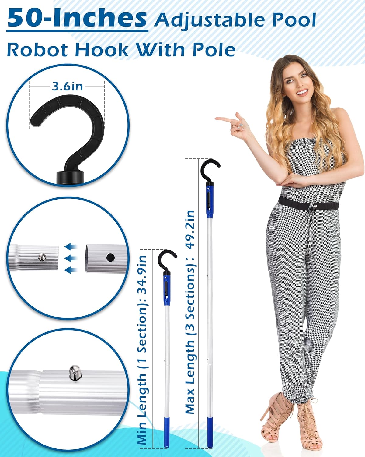 Pool Robot Retrieval Hook - 49.21 Inch Adjustable Stainless Aluminum Pole, Heavy-Duty Detachable Hook for Pool Robot Vacuum Robotic Pool Cleaner Including Cordless/Above Ground/Underwater Cleaners