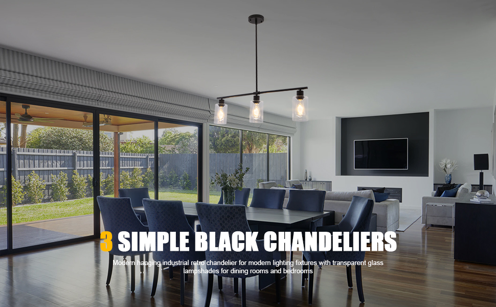 Image of 31 inch Black Linear 3-Light Clear Glass Kitchen Island Pendant Chandelier