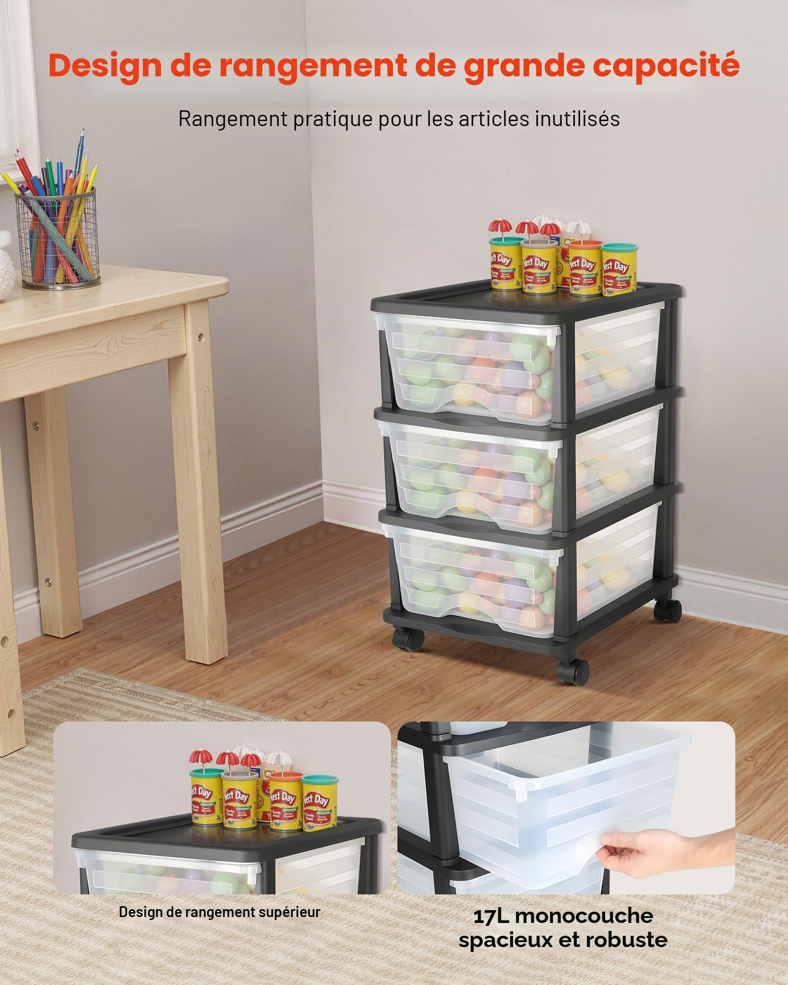 VEVOR Chariot de rangement à 3 tiroirs en plastique, tour de rangement à roulettes, organiseur mobile à 3 niveaux, bac transparent pour fournitures de bureau, salles de bricolage et salles de classe