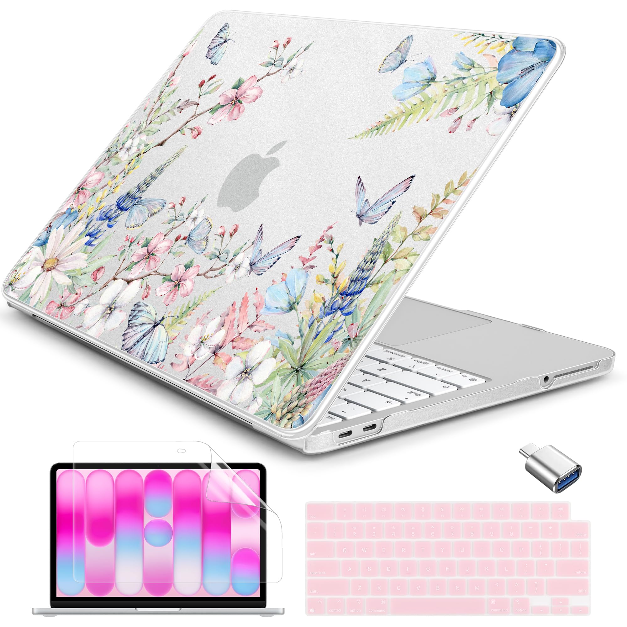 Batianda Funda para MacBook Neo de 13 pulgadas, modelo A3404, bonita carcasa rígida ultrafina floral con cubierta de teclado, protector de pantalla y adaptador USB, paquete de accesorios para laptop