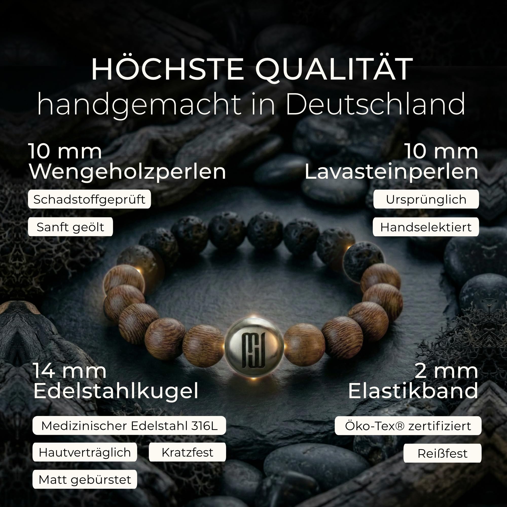 Perlenarmband Herren 10mm Edelstahl Naturstein Holz handgemacht in DE | Einzigartig reißfest & langlebig dank 2mm Elastikband, 888 Tage Garantie, edle Geschenkbox, gemeinnützige Spende